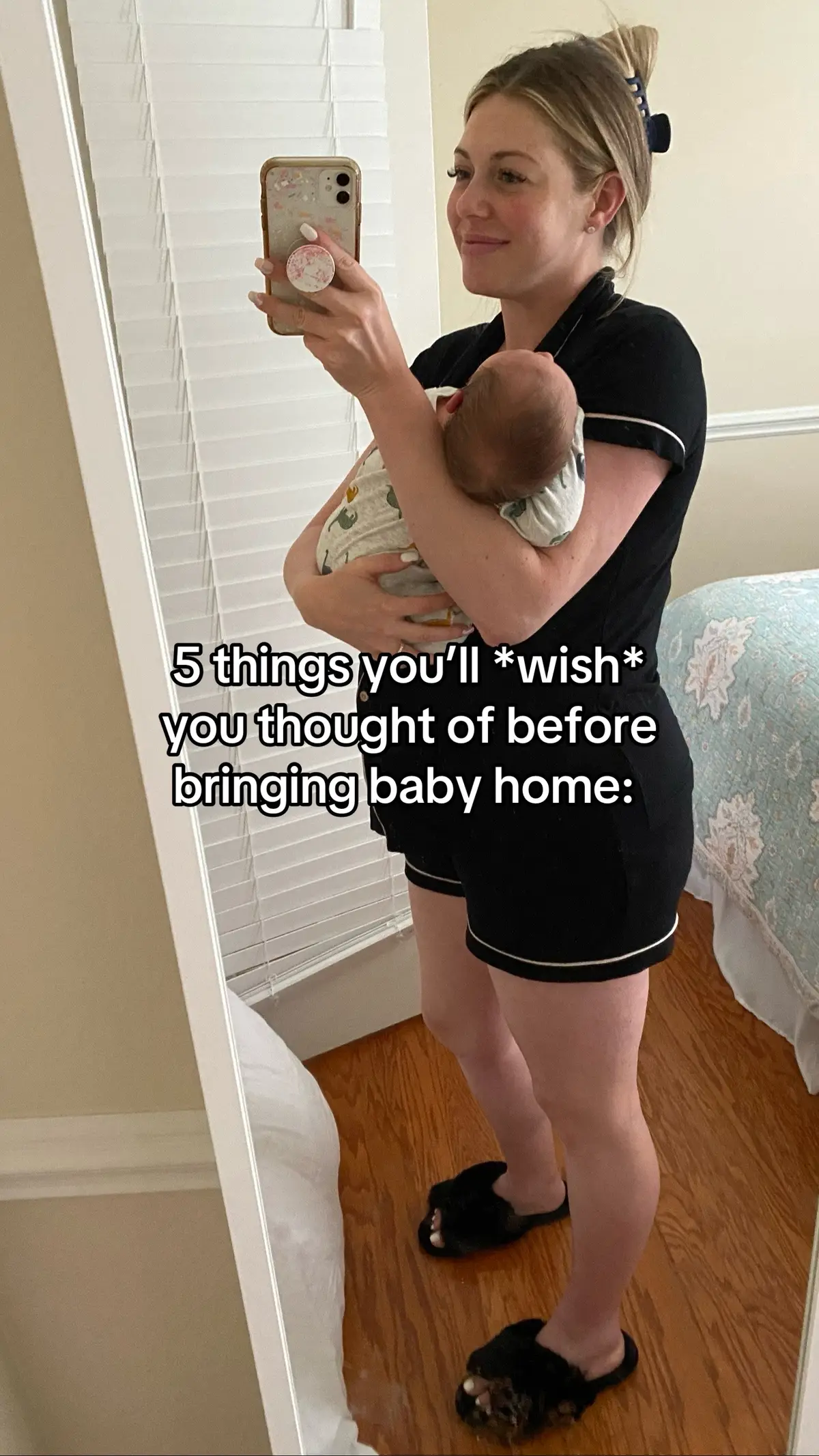 5 things you’ll wish you thought of before bringing baby home:  1. More burp clothes  2. Extra swaddles  3. Changing stations in more rooms 4. Angelcare bath seat  5. Portable white noise  #babytips #newborntips #firsttimemom #newborn 