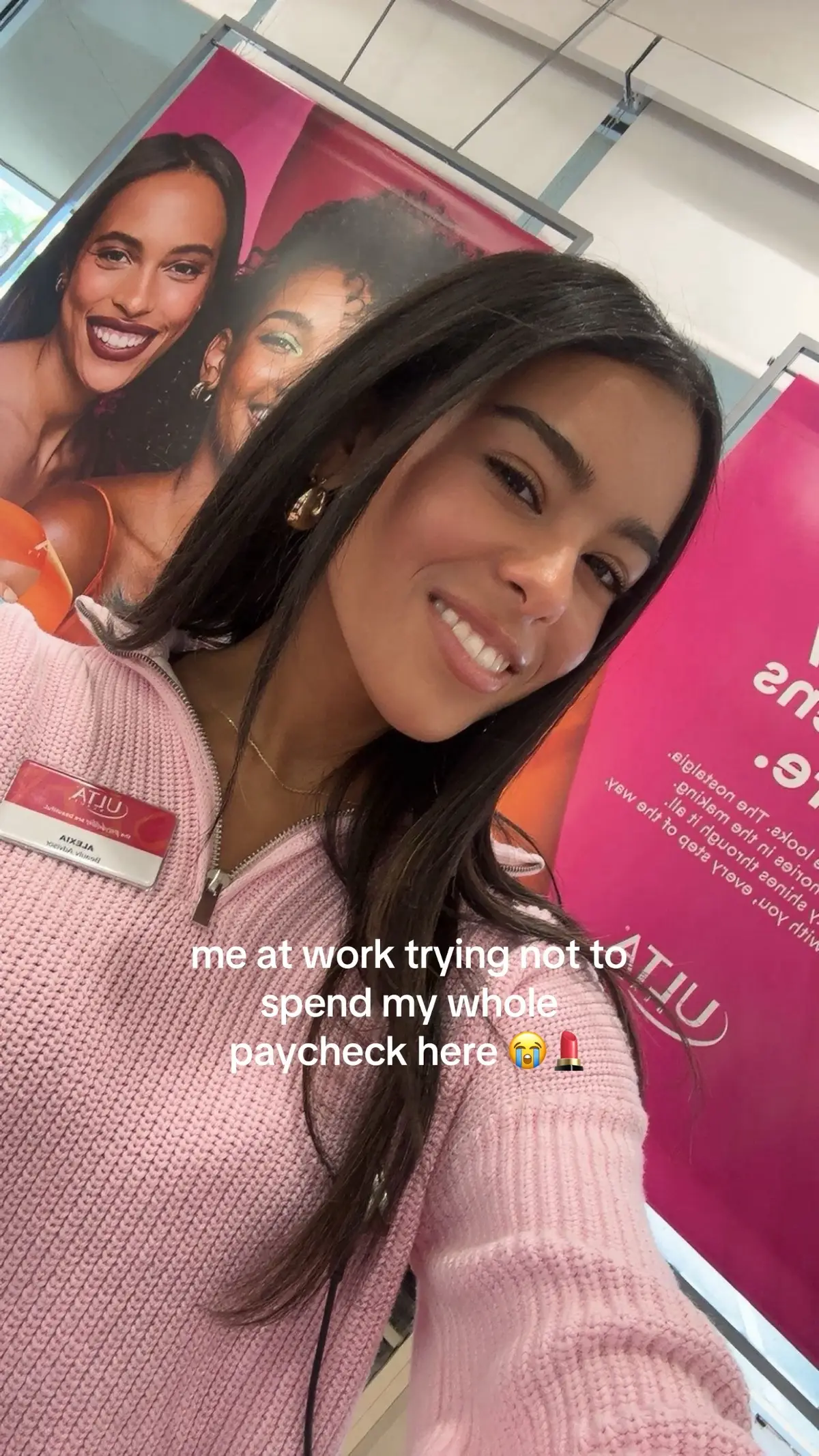 me at work trying not to spend my own money… but it’s hard 😅 @Ulta Beauty #ultabeauty #retaillife #ultaemployee #workvibes #makeuplover 
