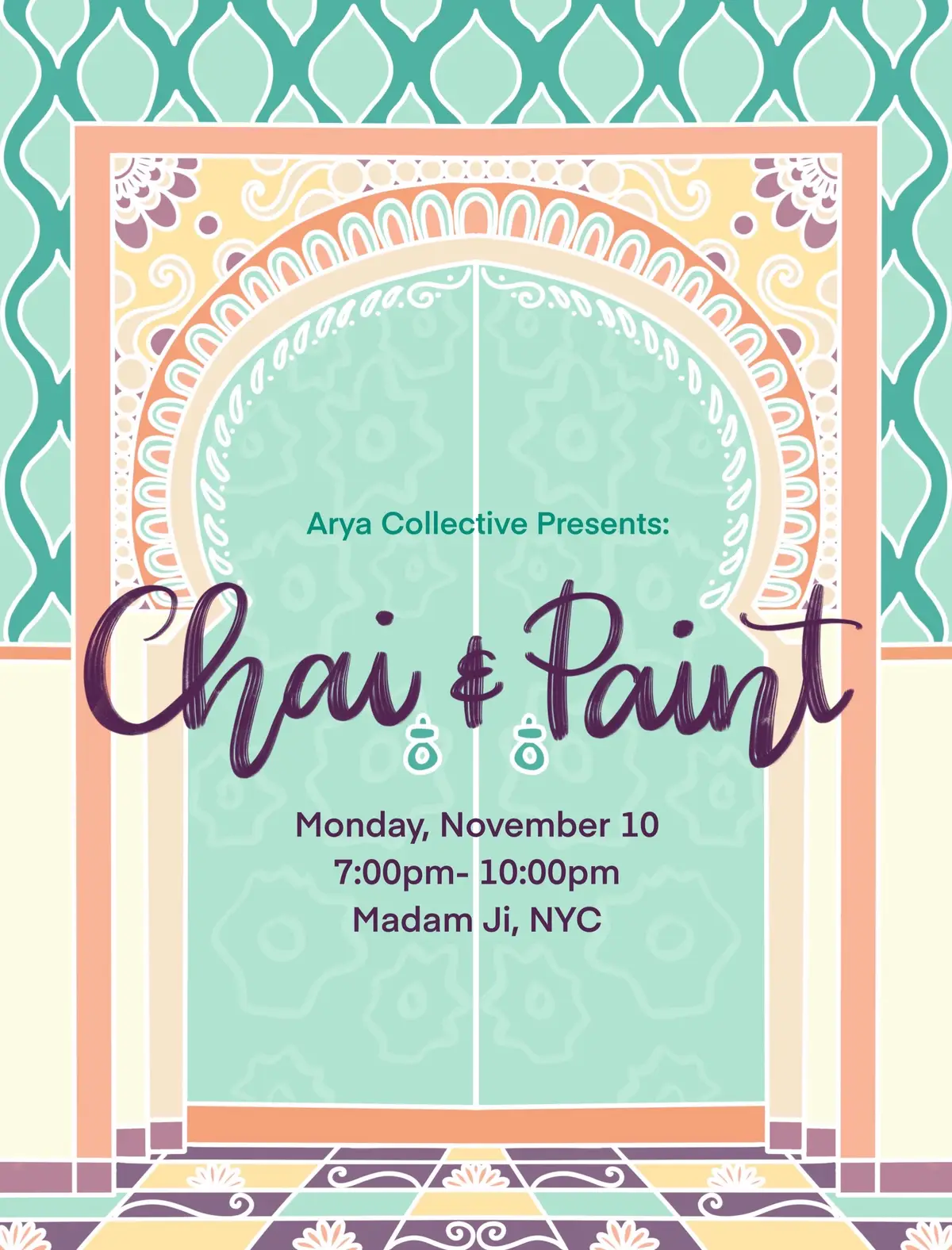We’re kicking it off next week on Nov 10 with a Desi inspired door painting for our Chai and Paint night at Madam Ji 🎨☕️ Come sip chai, paint, and leave with a piece that feels like home.  Tickets in bio!!! And tag someone who’d love this! #chaiandpaint #paintingclass #nyc #artclass #painting 