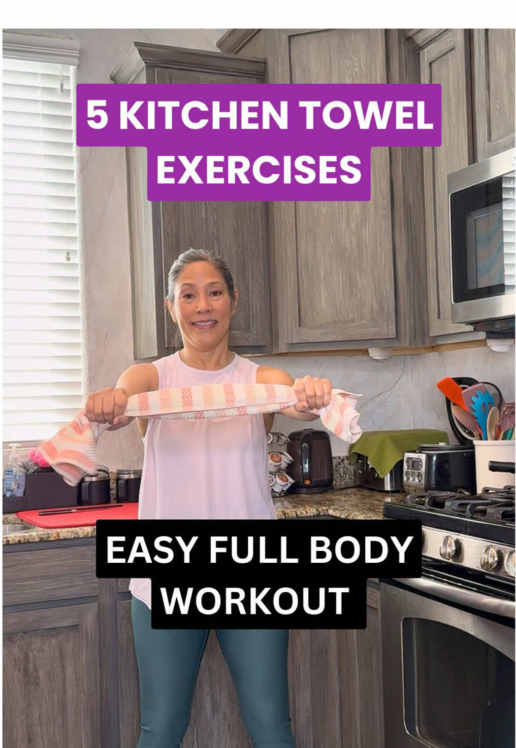 Turn your kitchen towel into workout gear! 💪 Do these 5 moves for a fun full body workout right at home! #kitchenworkout #SeniorFitness #homeexercise #yes2next