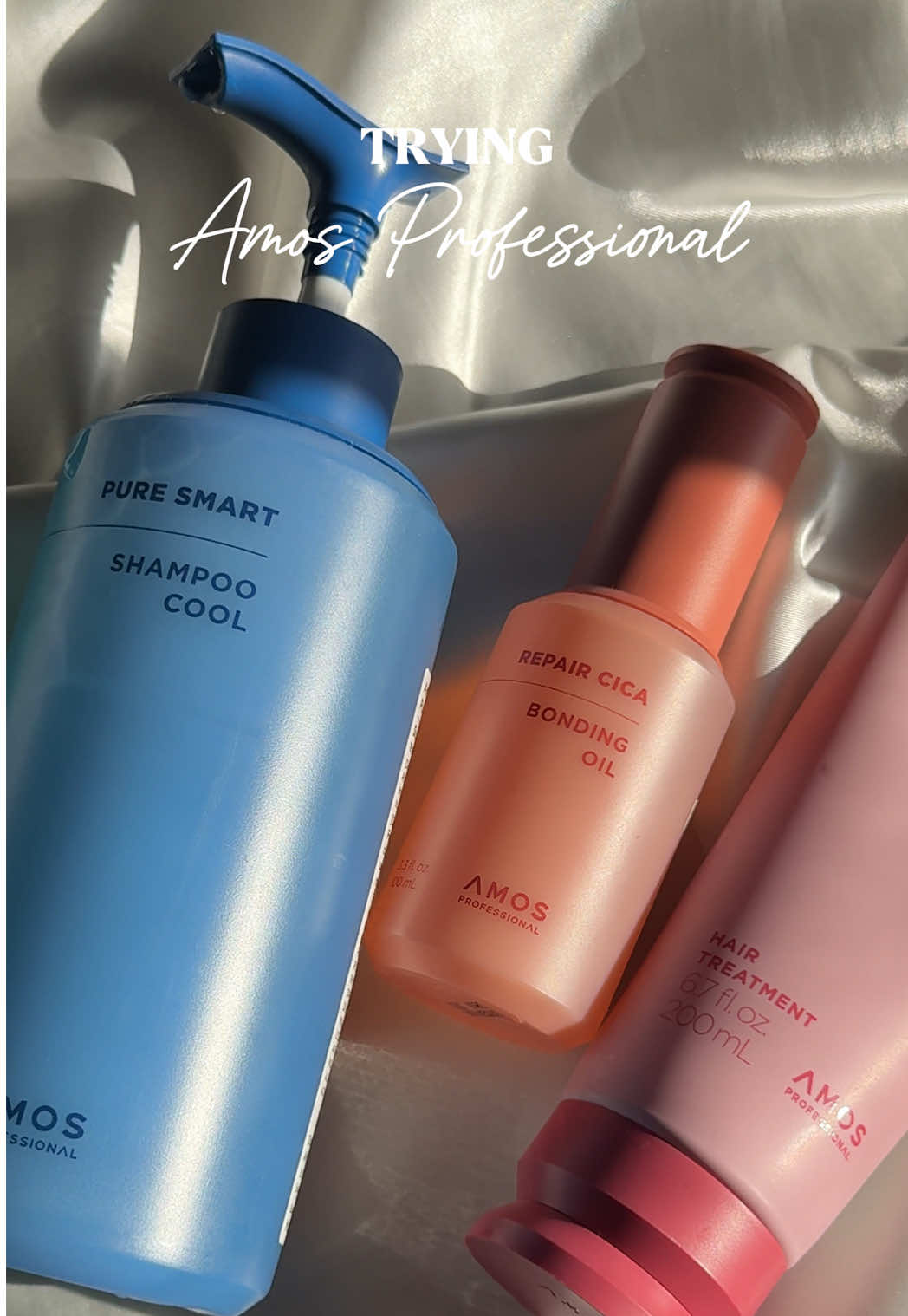 Trying @amosprofessional_global viral hair care products, now available at Costco.com! Products used: ❄️ Pure Smart Shampoo Cool 🌸 True Repair Treatment  💞 Repair Cica Bonding Oil #amosprofessional #haircare #saloncare #kbeauty #gifted 