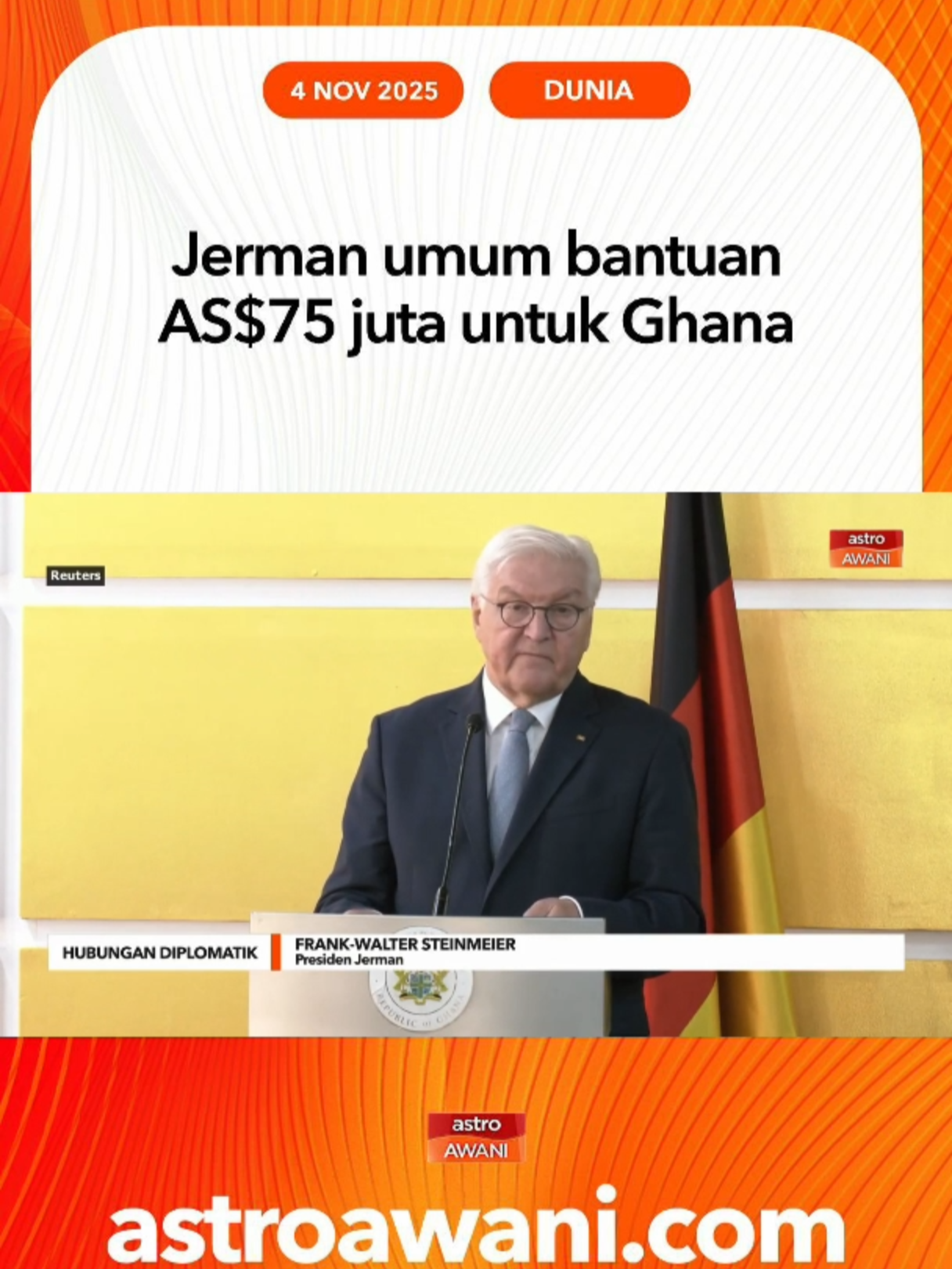 Presiden Jerman Frank-Walter Steinmeier umum bantuan pembangunan €65 juta kepada Ghana untuk projek tenaga hijau, perindustrian dan digitalisasi sempena lawatan rasmi ke Accra. #AWANInews