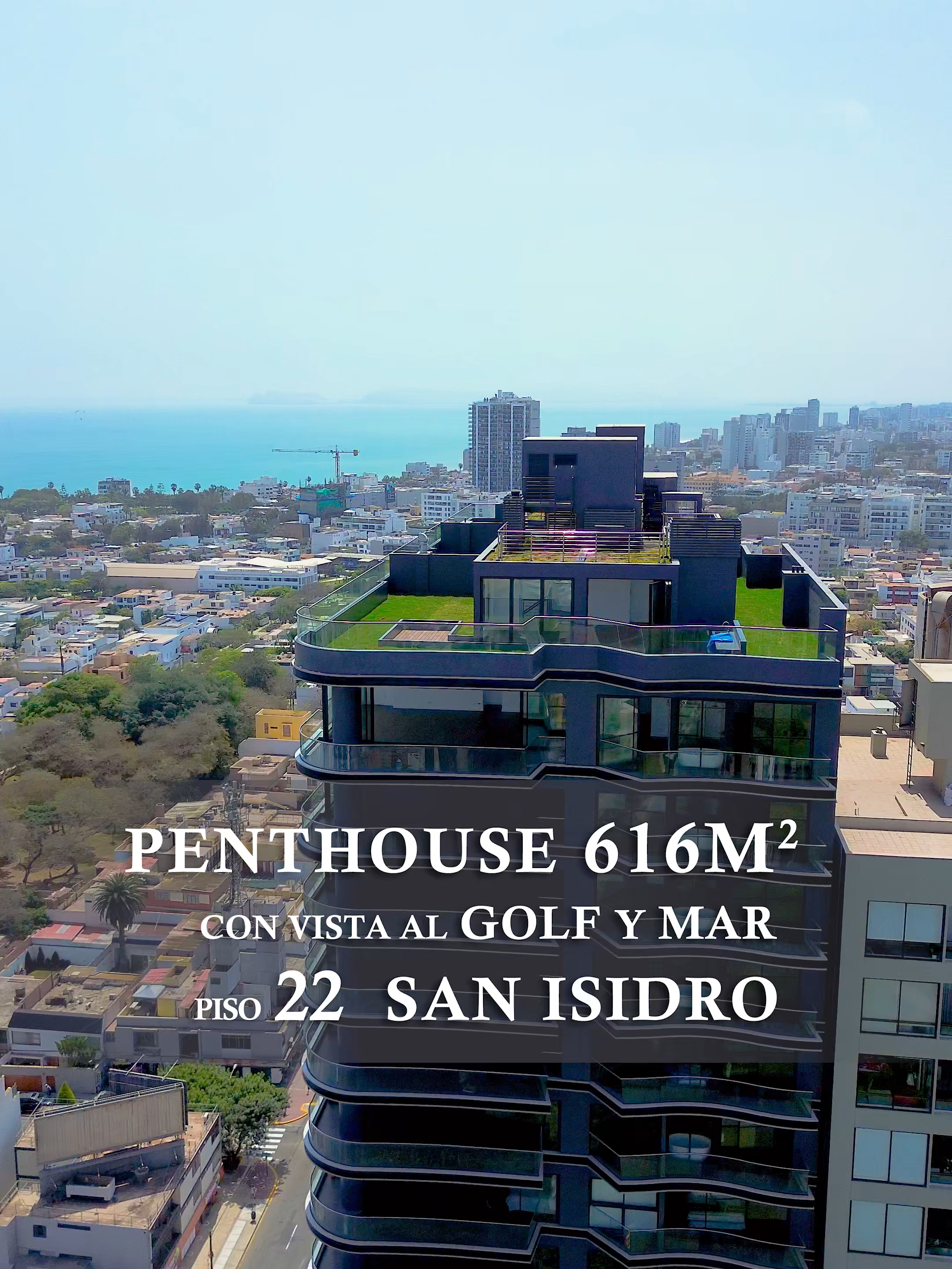 PENTHOUSE DE 616 M2 FRENTE AL GOLF DE SAN ISIDRO. Exclusivo penthouse de estreno de 616 m2 en ubicado en esquina, con vista panorámica al Golf de San Isidro y al mar desde ambos niveles. 1er nivel: Sala-comedor con balcón-terraza en esquina, cocina con comedor de diario, área de servicio completa, baño de visitas, ascensor directo, sala de estar, 3 dormitorios cada uno con baño, walkin-closet y 2 de ellos con balcón con vista al Golf. 2do nivel: Gran terraza que rodea con mamparas en forma de U a la sala de estar, baño de visitas, ascensor directo, bar, área para piscina y zona de BBQ Edificio de lujo frente al Golf de San Isidro con finos acabados: mármol en paredes y tableros de baños, ventanas y mamparas antiruido de doble vidrio, closets y puertas con poliuretano, pisos de roble y tableros de piedra sinterizada en cocina. Áreas comunes: Piscina temperada, gimnasio, yoga center, bar y lounge, sala teens, sala de usos múltiples, pet zone, estacionamientos de visita y terraza con zona de parrilla. Vista panorámica al Golf y al mar Área total de 616 m2 (terraza de 237 m2) 3 dormitorios cada uno con baño incorporado 2 salas de estar Ascensor directo a cada nivel Altura de techos 3.20 metros 2 baños de visita Bar Conexión para aire acondicionado y gas. Instalaciones para domótica Ascensor de servicio Cocina con comedor de diario Potencial para implementar ambientes en terraza Preparado para piscina Precio: US$ 2,378,000 Visitas o información: 924 038 528 __________________________________ #Gof #Sanisidro #dúplex #penthouse #departamento #venta #estreno #vistaalmar #inmobiliaria #luxury #terraza #piscina #gcoinmobiliaria
