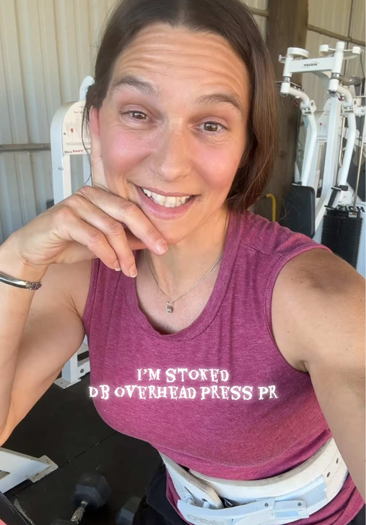 Stoked   over 40 bodybuilder bikini competitor millennial shoulder press pr home gym outside gym barn gym 