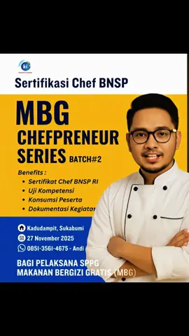 Kesempatan kayak gini gak datang dua kali! 😱 Cuma di MBG Chefpreneur Series kamu bisa dapet sertifikat BNSP buat syarat SHLS. Kuota terbatas, jangan nunggu penuh! Cek info lengkapnya di video 👇 #ChefBNSP #MBGChefpreneur #SertifikatSHLS #PelakuDapurMBG #pelatihanchef 