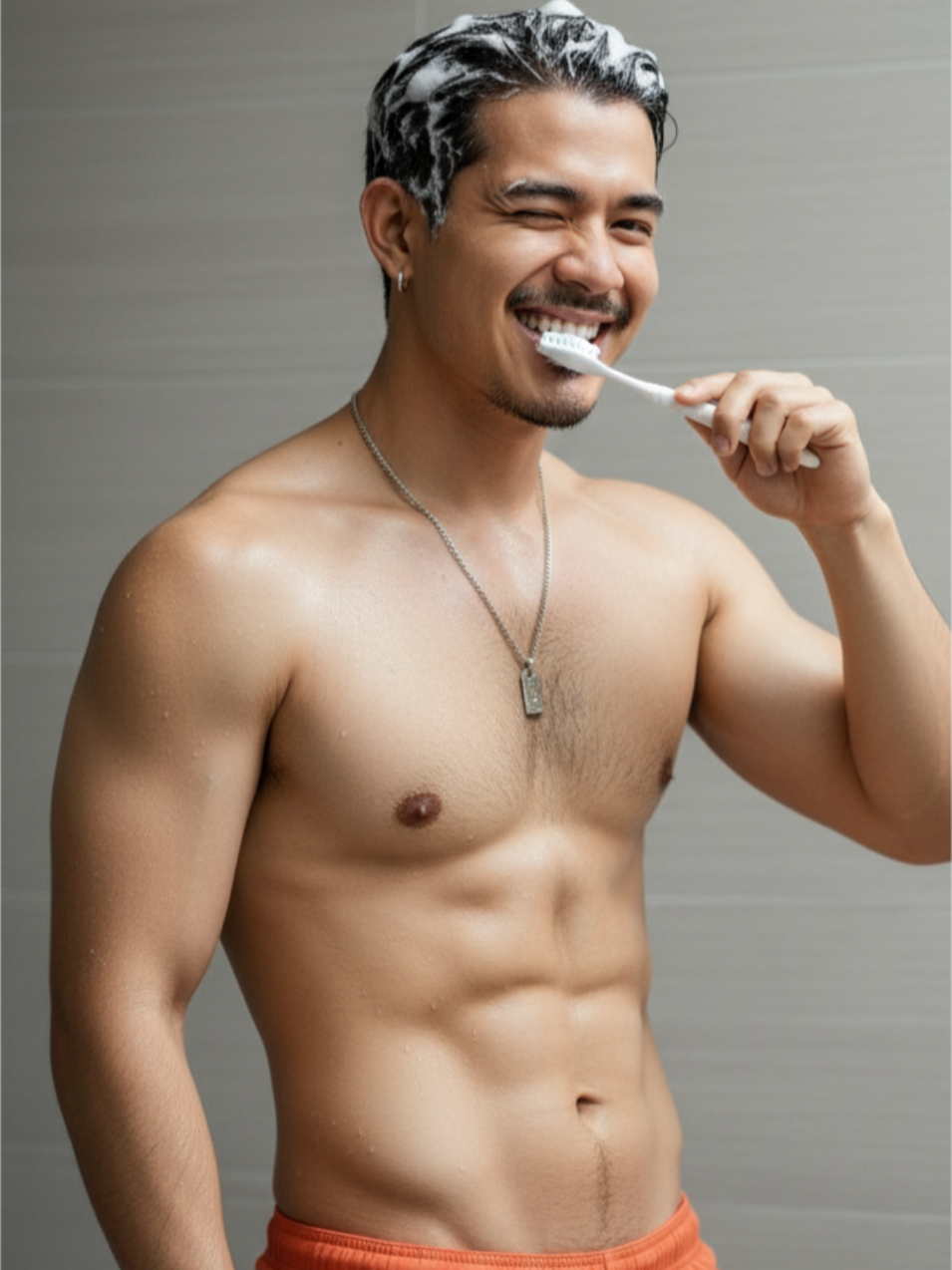 prompt:Create an ultra-realistic, panoramic image of a young man brushing his teeth in a bathroom. Use the uploaded photo as a reference for his face — do not alter it; it must look 100% identical. Appearance: Natural hair color, hair slicked back with shampoo foam fully covering the head, slightly wet. Shirtless, wearing a silver metal chain necklace with a metal-plate style pendant. Wearing a visible earring on the left ear. Slight facial hair at the corners of the mouth, tanned skin, lean and well-proportioned body with visible chest and abdominal muscles. Droplets of water on his skin. Expression: playful, winking or squinting one eye. Pose & Action: Left hand brushing teeth with a white toothbrush, foam visible on teeth. Upper body slightly turned to show torso and muscle definition. Background: Bathroom wall with light or white horizontal tiles, reflections and shadows indicating soft indoor lighting, giving the impression he is standing in front of a mirror (but mirror reflection is not visible in the image). Atmosphere: Bright enough indoor lighting, casual daily routine activity (brushing teeth) captured in a playful, stylish, photogenic way. Camera & Style: Wide panoramic composition, ultra-high resolution (24K), extreme photorealistic detail of skin, hair, foam, jewelry, and water droplets. Professional-quality lighting emphasizing life-like textures, cinematic, playful, and stylish. #gemini #ai 