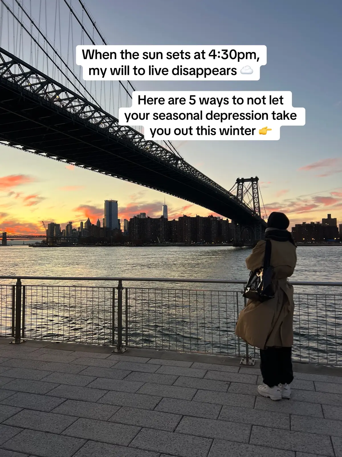 Surviving the 4:30pm sunset one coffee, sauna, and colorful coat at a time. Save this for when you’re in your “it’s dark and I’m spiraling” era. #nyc #nyclife #seasonaldepression #SelfCare #wintertips 