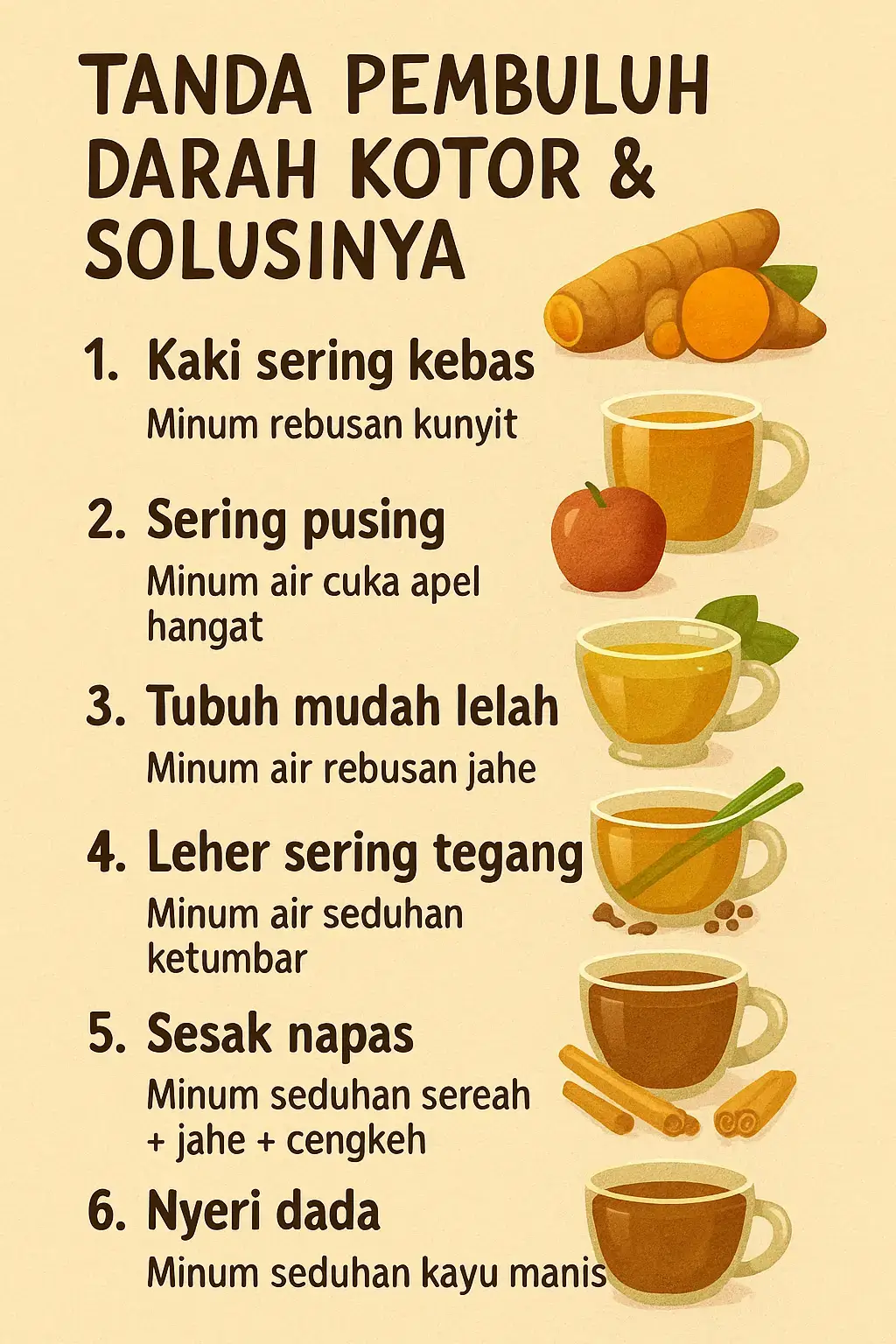 Tubuh kita kadang kasih sinyal kalau ada masalah sirkulasi darah. Bukan diagnosa medis ya, tapi tanda-tanda seperti ini patut diperhatikan: 1️⃣ Kaki sering kebas ➜ Minum rebusan kunyit 2️⃣ Sering pusing ➜ Air cuka apel hangat 3️⃣ Tubuh mudah lelah ➜ Rebusan jahe 4️⃣ Leher sering tegang ➜ Seduhan ketumbar 5️⃣ Sesak napas ➜ Serai + jahe + cengkeh 6️⃣ Nyeri dada ➜ Kayu manis hangat Bahan-bahan alami ini bantu buka aliran darah & kurangi inflamasi ✨ Tapi tetap ya ➜ jika keluhan sering muncul, periksa ke dokter untuk diagnosa pasti 🏥🙏 Mulai rawat tubuh dari dalam ❤️ 🌿 Kamu pernah coba resep mana? Share di kolom komentar ya 👇😊 #kesehatanalami #herbalnusantara #obattradisional #tipskesehatan #sehatnatural 
