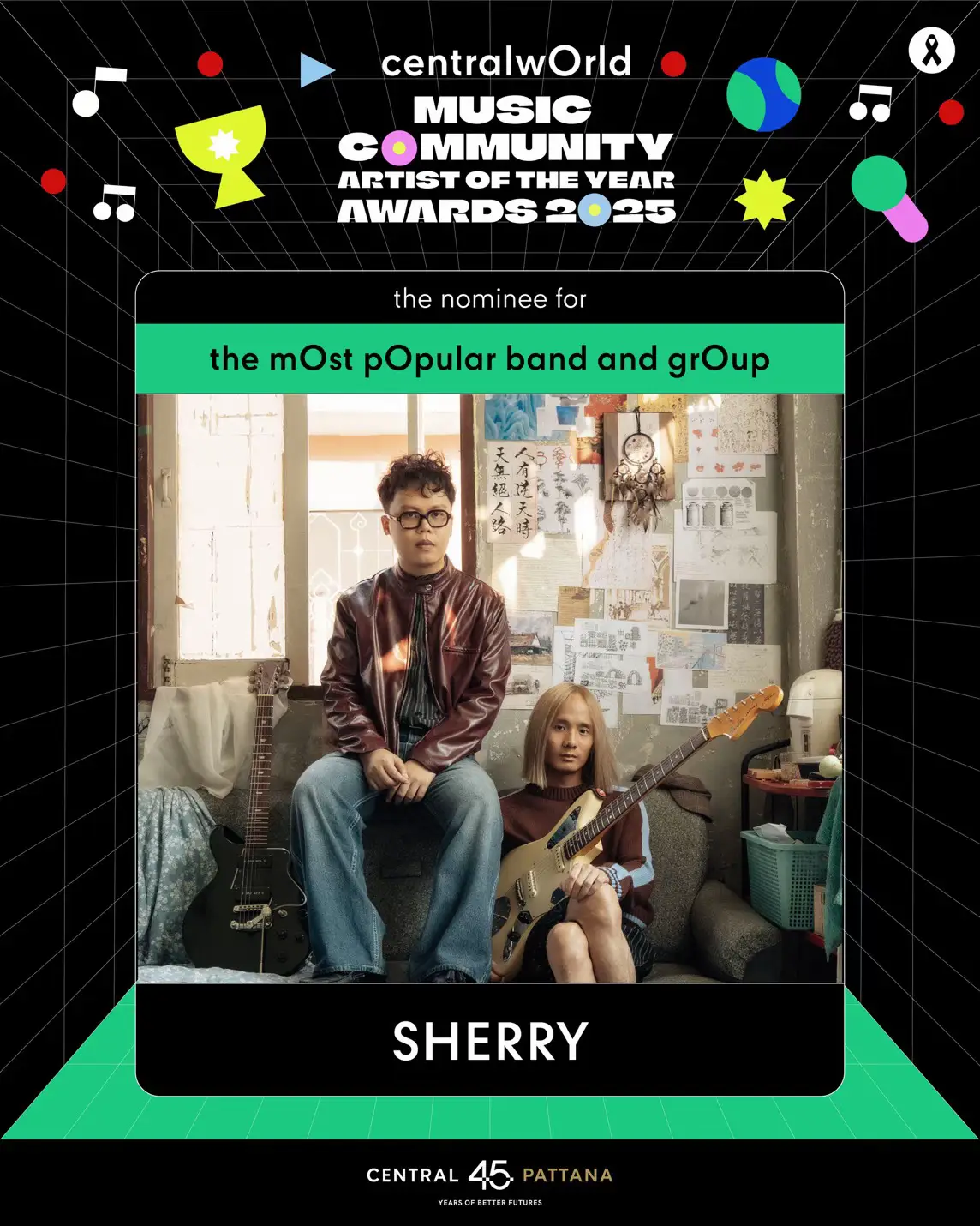 เริ่มโหวตแล้ว CTW Music Community Artist Of The Year Awards 2025 รีบมาโหวตให้ SHERRY ใต้โพสต์นี้กันได้เลย! 📢 สามารถโหวตตั้งแต่วันนี้ - 14 พ.ย. 2568  (สิ้นสุดการโหวตที่เวลา 18:00 น. ของวันที่ 14 พ.ย. 2568) กติกาการโหวต centralwOrld Music Community Artist Of The Year Awards 2025 - สามารถโหวตให้กับศิลปินได้ 4 ช่องทาง ได้แก่ Facebook, Instagram, X และ TikTok ของ centralwOrld - สำหรับช่องทาง Facebook สามารถโหวตให้กับศิลปินโดยสามารถ Like ใต้ภาพศิลปินนั้น ๆ คะแนนโหวตนับจากยอดรวมของการ Like ใต้ภาพนั้น ๆ ของแต่ละศิลปิน (หมายเหตุ: นับยอดรวม Like, Love, Care, Haha, Wow ไม่นับรวม Sad, Angry) - ช่องทาง X คะแนนโหวตนับจากยอด Repost รวมกับยอด Like ของแต่ละศิลปิน - ช่องทาง Instagram คะแนนโหวตนับจากยอด Like ของแต่ละศิลปิน - ช่องทาง TikTok คะแนนโหวตนับจากยอด Like ของแต่ละศิลปิน - ศิลปินหรือกลุ่มศิลปินที่มียอดรวมคะแนนโหวตสูงสุด จากทั้ง 4 ช่องทาง ได้แก่ Facebook, Instagram, X และ TikTok ของ centralwOrld จะได้เป็น The Winner ในแต่ละหมวด ทางศูนย์การค้าเซ็นทรัลเวิลด์ จะนำ Music Video, ภาพ หรือเพลงของศิลปินนั้น ๆ ในแคมเปญ centralwOrld Music Community ขึ้นจอ The panOramix , centralwOrld Void Screen, Entrance A,B และ จอ Digital ทั่วเซ็นทรัลประเทศไทย โดยจะประกาศผลในวันที่ 24 พฤศจิกายน 2568 หมายเหตุ: * โพสต์เพื่อการโหวตทั้งหมดจะถูกตั้งเวลาให้เผยแพร่พร้อมกันในเวลา 11:00 น. ของวันที่ 3 พฤศจิกายน 2568 อย่างไรก็ตามอาจมีความคลาดเคลื่อนในเวลาและลำดับการเผยแพร่เนื่องจากข้อจำกัดทางเทคนิค ** ศิลปินที่มีชื่อร่วมเข้าชิงรางวัลเป็นการตอบรับจากทางค่ายเพลงและศิลปิน เพื่อเข้าร่วม CTW Music Community Artist Of The Year Awards 2025 * Music Video ของผู้ที่มีผลโหวตมากที่สุดที่ใช้ในการออนแอร์ จะเป็นเพลงที่เคยลงในแคมเปญ centralwOrld Music Community เท่านั้น * การโหวต CTW Music Community Artist Of The Year 2025 นับศิลปินที่เข้าร่วม centralwOrld Music Community ตั้งแต่วันที่ 1 ม.ค. 2568 - 31 ต.ค. 2568 #centralwOrld #CTWMusicCommunity #CTWMusicNewRelease #CTWArtistOfTheYearAwards2025 