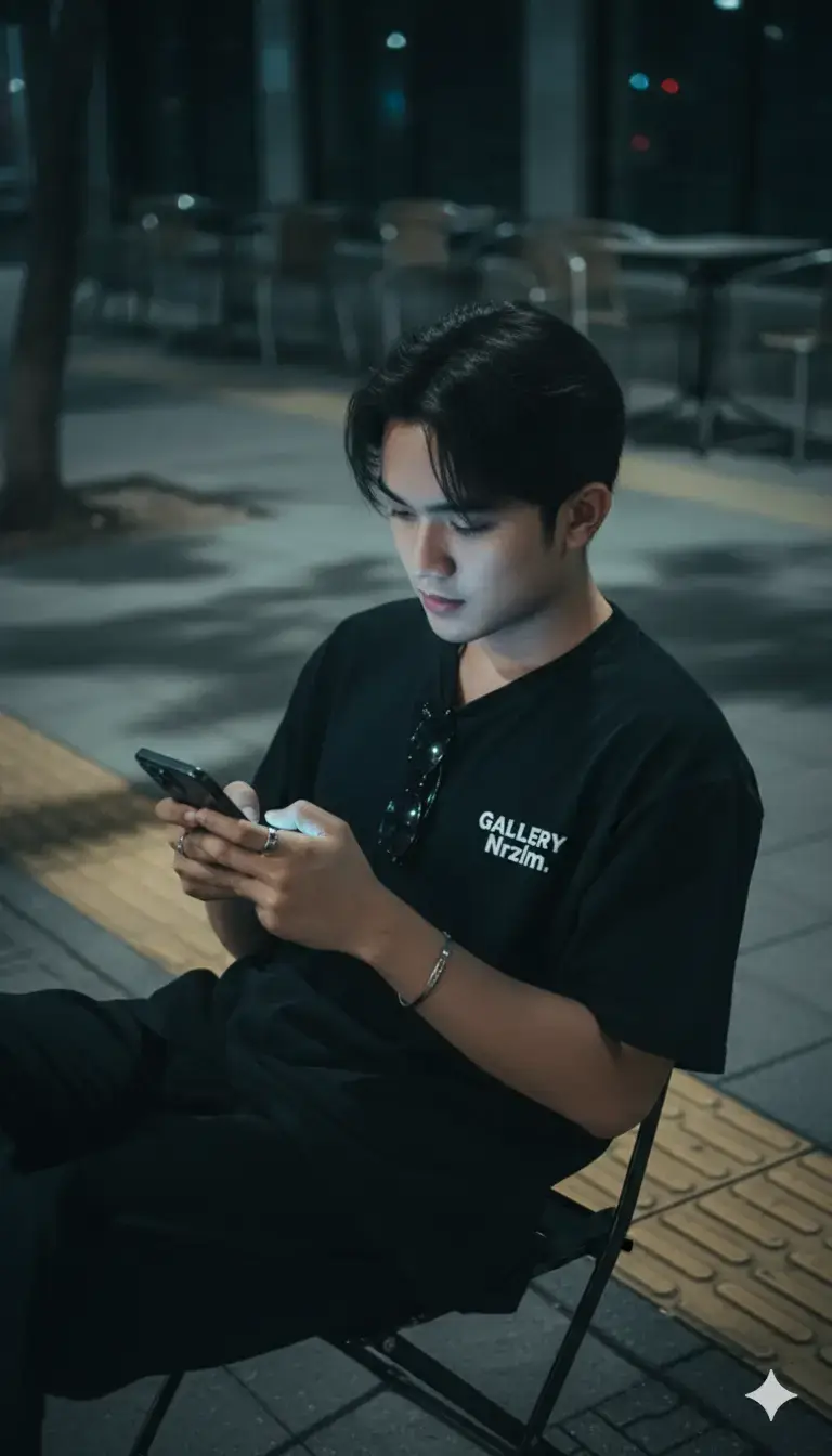 prompt...... Buat gambar dengan wajah orang dalam foto tetap 100% sama tanpa perubahan apapun. Posisinya sedikit bersandar ke belakang di atas kursi lipat atau kursi outdoor. Kedua tangannya memegang ponsel, seolah sedang menggunakan atau membaca pesan di layar. Kepalanya sedikit menunduk, menatap ke arah ponsel. Postur tubuh terlihat santai tapi fokus, seperti benar-benar memperhatikan isi layar. Sudut kamera sedikit lebih tinggi dari posisi orang (sekitar kemiringan 30–40 derajat dari atas), diambil dari sisi kiri subjek. Jenis pengambilan gambar adalah half-body shot (setengah badan atas) dengan tampilan alami, seperti difoto oleh teman yang berdiri di dekatnya. Sumber cahaya utama berasal dari layar ponsel, yang memantulkan cahaya lembut ke wajah dan tangan. Suasana malam atau area minim cahaya, dengan pencahayaan tambahan samar dari lampu jalan atau lampu bangunan di belakang, menimbulkan bayangan lembut di lantai dan dinding. Tone warna gambar adalah cool dark tone, dominan abu-abu, hitam, dan biru gelap. Subjek memakai kaos oversized hitam bertuliskan “GALLERY Nrzlm.” di bagian dada kanan (kiri gambar). Rambutnya tampak alami seperti tertiup angin malam. Ia mengenakan beberapa cincin dan gelang logam, serta kacamata hitam yang digantung di kerah kaos. Latar belakang berupa trotoar atau jalan kota, dengan ubin dan jalur pemandu tunanetra (ubin timbul). Ada bayangan pohon atau benda di lantai akibat lampu jalan. Terlihat beberapa meja dan kursi logam di kejauhan, seperti area kafe outdoor. Suasana terasa tenang dan sepi, tanpa orang lain dalam frame. Kamera diarahkan sedikit menunduk sekitar 30–40 derajat, dengan subjek berada agak ke kanan frame (mengikuti komposisi rule of thirds). Fokus utama berada pada wajah dan tangan yang memegang ponsel, dengan fotografer berdiri sedikit lebih tinggi dari posisi mata subjek. #geminiai#chatgpt#ai#streetfotografer#fyp#trend#foto#realistic