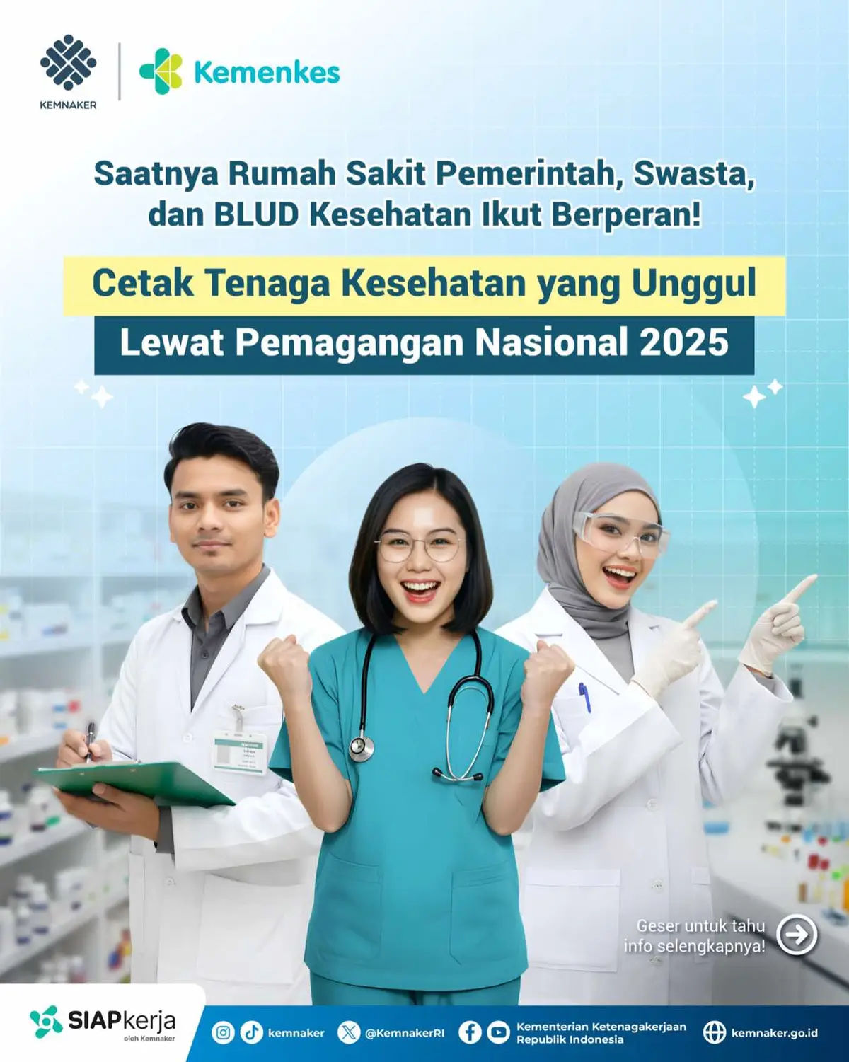 #Healthies dan Rekanaker... Saatnya bareng-bareng cetak tenaga kesehatan yang unggul dan siap kerja! Rumah sakit, klinik, laboratorium kesehatan, puskesmas, dan BLUD kesehatan bisa ambil peran lewat Program Pemagangan Nasional 2025. Selain bantu kembangkan SDM kesehatan yang kompeten ada juga banyak manfaat buat instansimu! Cek infografik ini dan jangan lupa daftar sebelum 5 November 2025 di maganghub.kemnaker.go.id ✨ #Kemnaker #Kemenkes #PemaganganNasional #SetahunBerdampak