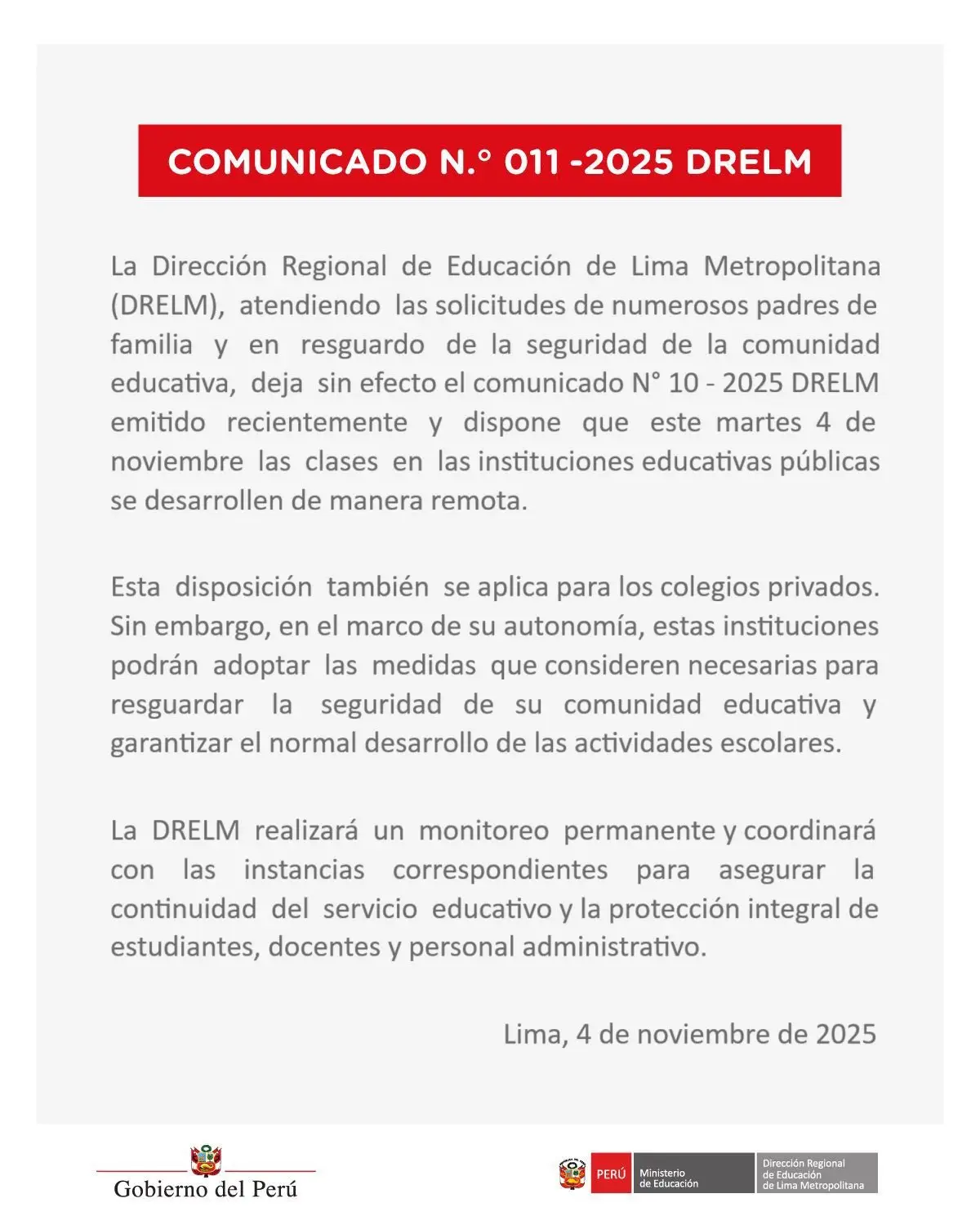 #Comunicado | La Dirección Regional de Educación de Lima Metropolitana informa a la comunidad educativa lo siguiente: