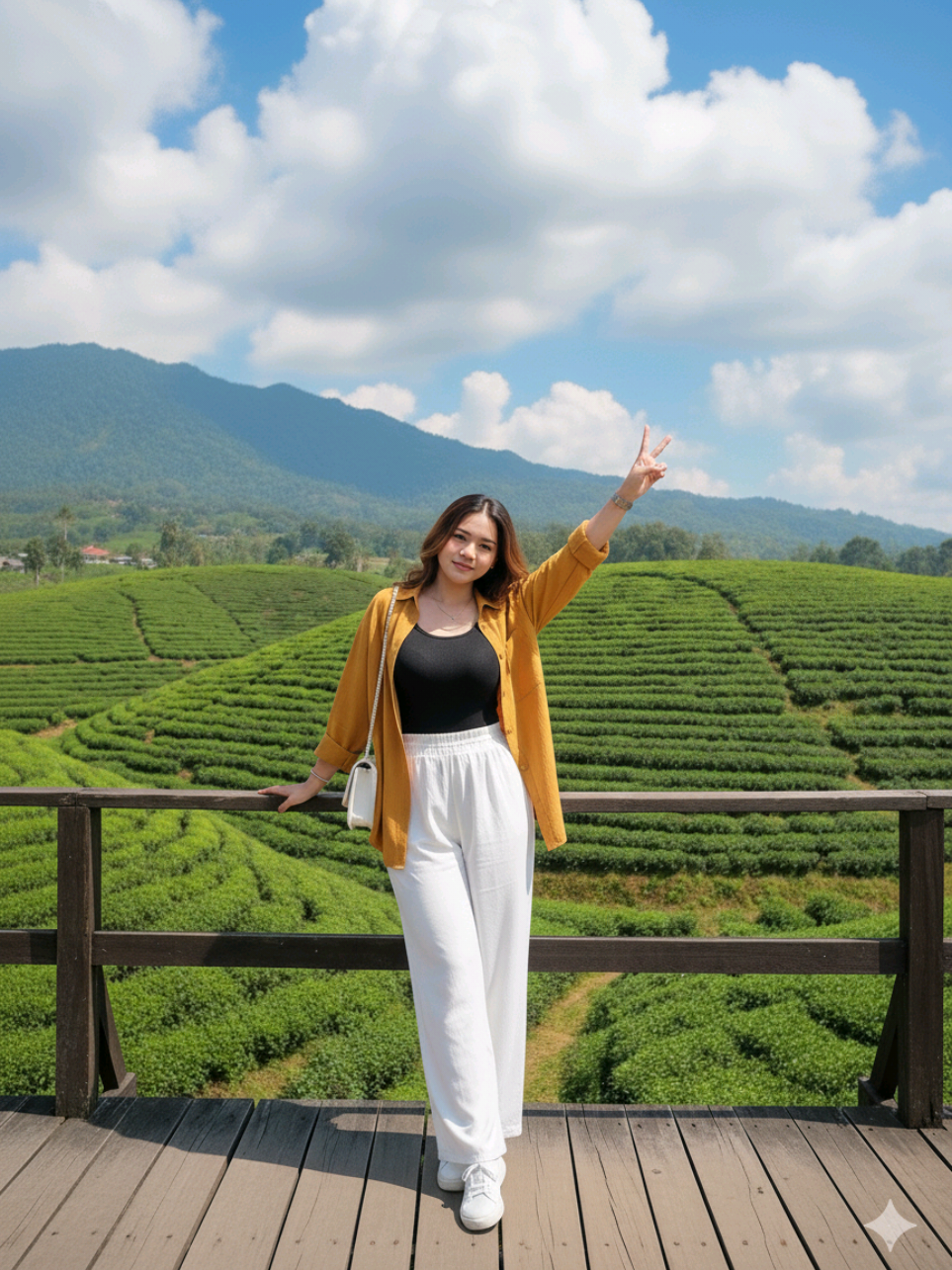 prompt 👇  . . . Edit foto ini menjadi seorang wanita muda sedang berpose berdiri di atas jembatan atau pagar kayu di tengah perkebunan teh. • Ia berdiri tegak, menghadap ke depan (ke arah kamera), dengan tangan kiri dan kanannya bertumpu pada pagar kayu. • Kakinya berdiri sejajar, dengan pose yang santai namun tegak. • Ekspresinya santai, pandangan ke depan sedikit ke samping , seolah menikmati pemandangan. • Ia mengenakan Atasan: • Lapisan dalam (inner) berwarna hitam. • Mengenakan kemeja atau outer lengan panjang berwarna kuning mustard/coklat keemasan (ochre). Kemeja ini tampak longgar dan dibuka. • Bawahan: Mengenakan celana panjang palazzo atau kulot berwarna putih, potongannya lebar dan jatuh lurus. • Alas Kaki: Mengenakan sepatu sneaker putih. • Aksesoris: Membawa tas tali rantai warna putih di pundak kirinya Latar Belakang: • Jembatan/Pagar: Berdiri di atas jembatan kayu rustic berwarna coklat tua. • Pemandangan: Latar belakang utama adalah perkebunan teh yang sangat luas dengan tanaman teh hijau yang tertata rapi mengikuti kontur bukit. • Pegunungan/Langit: Di kejauhan terlihat perbukitan dan gunung yang diselimuti pepohonan hijau lebat. Langit cerah dengan warna biru yang indah, dihiasi awan putih tebal (cumulus). Pencahayaan: • Pencahayaan tampak alami, sangat cerah, dan tajam, khas suasana siang hari di dataran tinggi atau pegunungan. • Sinar matahari langsung (terlihat dari warna langit yang biru cerah) membuat warna kuning pada pakaian subjek terlihat sangat cerah dan kontras dengan warna hijau kebun teh. • Pencahayaan yang terang menonjolkan detail dan tekstur. Kesimpulan Suasana: • Keseluruhan gambar memberikan kesan traveller atau vacation yang santai dan stylish. Suasana outdoor yang sejuk dan luas sangat kontras dengan outfit berwarna cerah dan modis, memberikan nuansa petualangan yang menyenangkan. JANGAN UBAH WAJAH SEDIKITPUN. #CapCut 