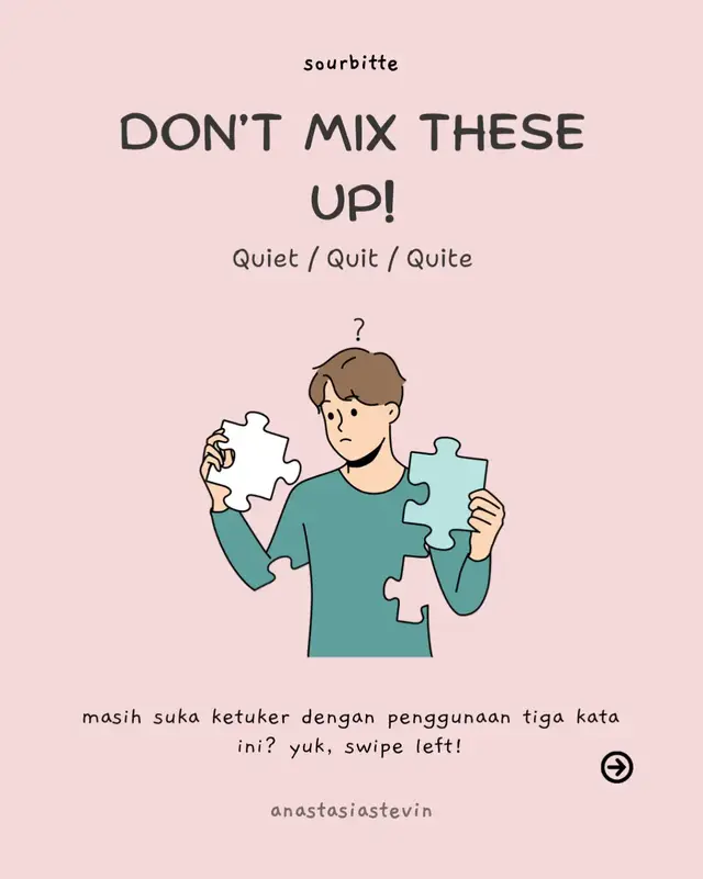 QUIET, QUIT, dan QUITE — mirip di telinga tapi beda banget artinya! Latih pelafalanmu pelan-pelan, biar lidah makin luwes ngomong Inggris. #DailyEnglish #bahasainggrispemula #BelajarBahasaInggris #EnglishTips #LearnEnglish 