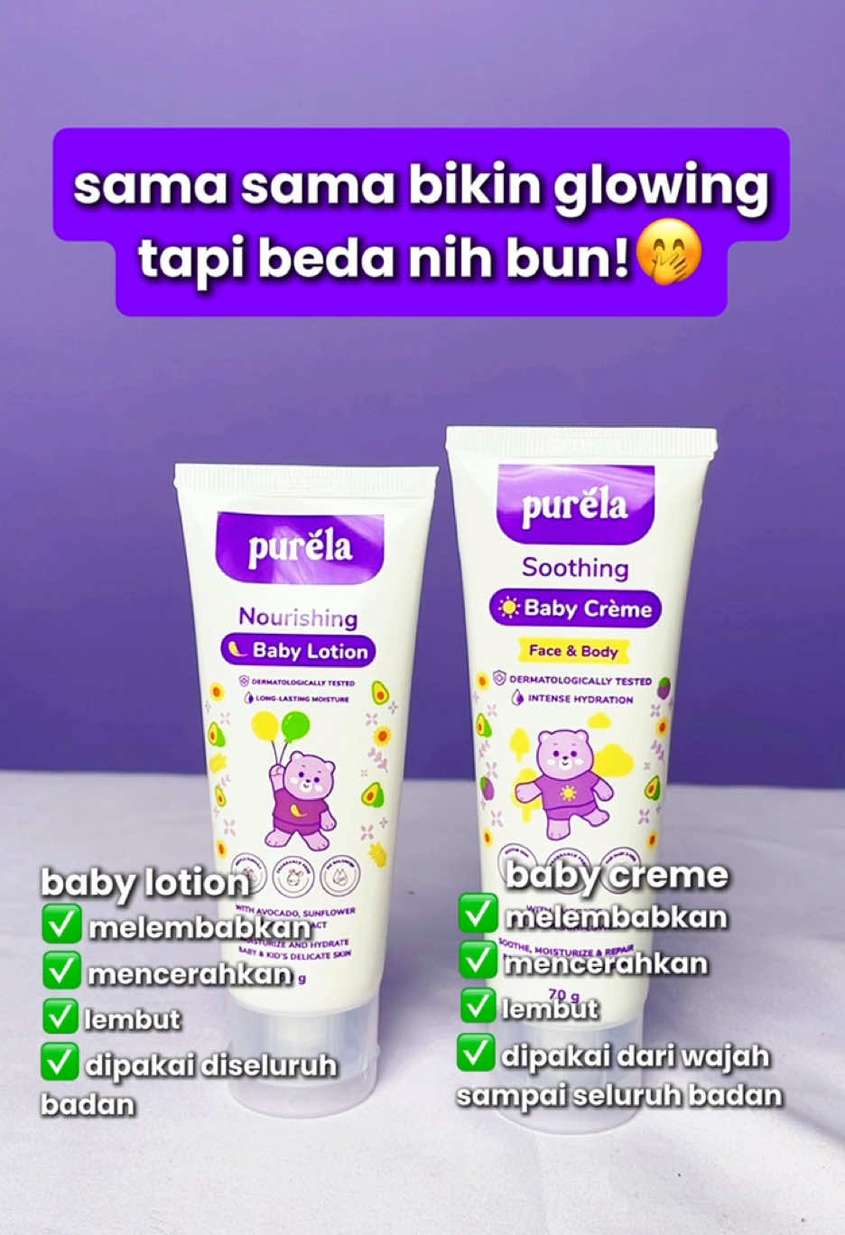 Banyak yang bingung bedanya Baby Lotion dan Baby Crème Purela 💜 Padahal dua-duanya sama-sama bikin glowing, tapi fungsinya beda! 😍 Simak video diatas dan klik keranjang kuningnya ya! 🛒 #skincareanak #skincareanakaktif #purela #comboglowingpurela 
