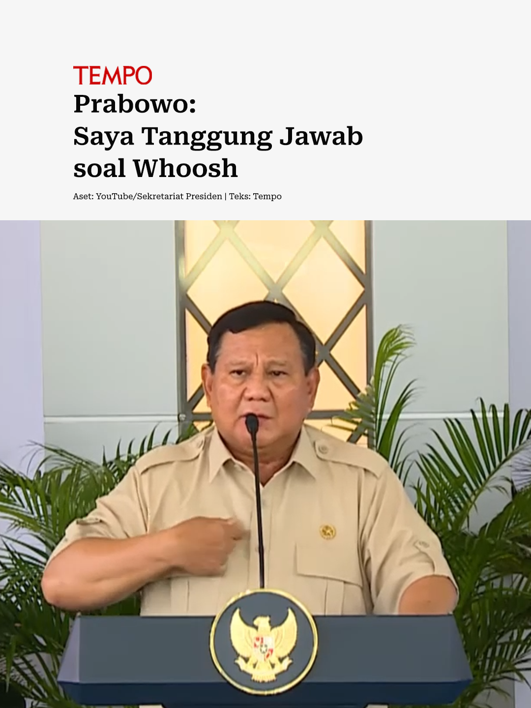 Presiden Prabowo Subianto mengatakan akan bertanggung jawab atas polemik utang kereta cepat Jakarta-Bandung atau Whoosh saat meresmikan Stasiun Tanah Abang Baru di Jakarta Pusat pada 4 November 2025. Prabowo mengatakan PT Kereta Api Indonesia tidak perlu khawatir soal Whoosh. Ia menyebut sudah mempelajari soal Whoosh dan mengatakan tidak ada masalah. #Prabowo #Woosh #KCIC #Kereta #Tempo