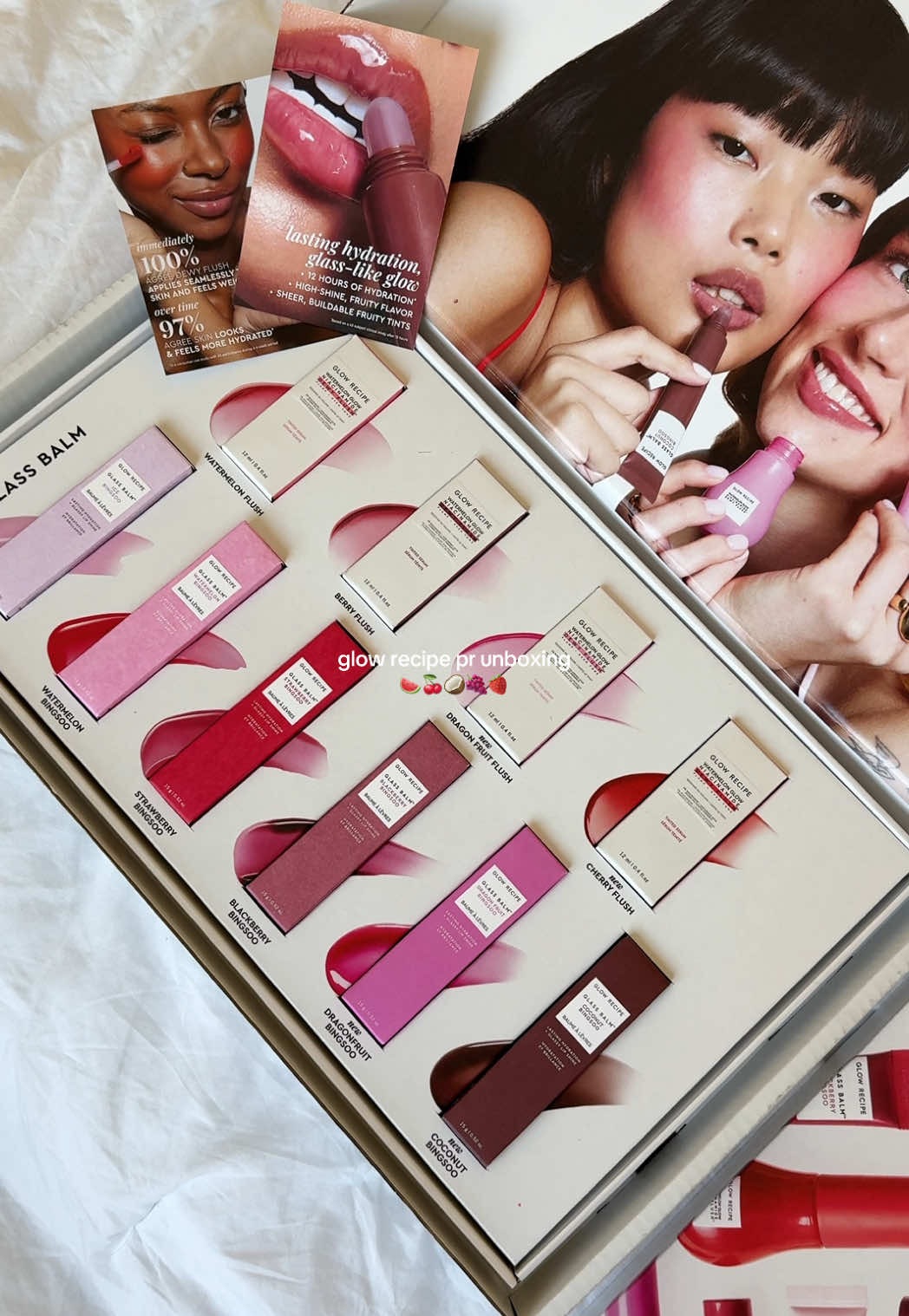 @Glow Recipe just launched 2 new glass balm shades AND 2 new dewy flush shades🍒 try-on coming soon…fyi these are gooddddd #blush #lipbalm #newmakeup #prunboxing #glowrecipe 