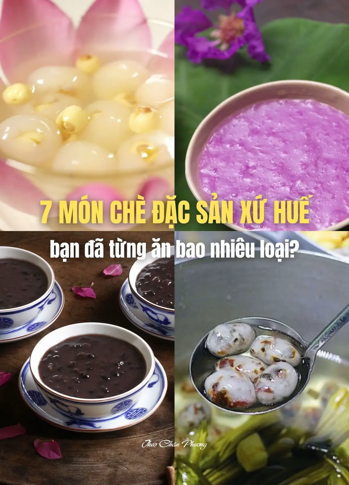 Ẩm thực Huế có trên 50 món chè. Rất nhiều thứ trái cây, hạt hoa trái, củ cây trái, hạt kê… cũng được chế biến thành chè, thậm chí thịt heo quay cũng đi vào thế giới chè Huế. Chè để cúng, để ăn bữa lỡ, để ăn tráng miệng sau bữa cơm, bữa tiệc, để ăn vặt, ăn chơi, để ăn cho đỡ... thèm chè.  #hue #traveltiktok #checkinhue 