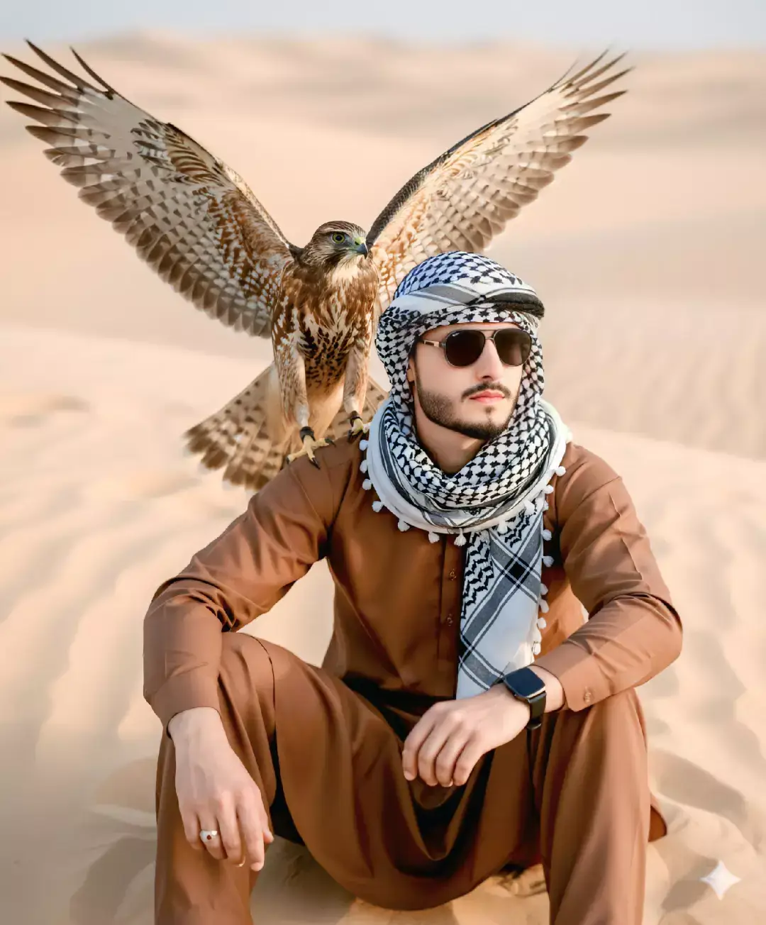.Kurta and a black-and-white keffiyeh scarf around his neck. His hair is voluminous and carefully styled, and he sports black sunglasses with a cool, confident expression. On his left wrist is a sleek wristwatch and a ring on one finger. A large hawk (or falcon) with wings fully spread is perched on his shoulder, mid-motion, its brown feathers patterned with intri-cate stripes and spots. The background is desert softly blurred with a warm beige tone, creating a cin-ematic, high-contrast portrait with dramatic lighting and crisp, ultra-detailed textures. Fashion photogra-phy style, high-resolution, realistic, sharp focus, dy-namic composition. keep face same as exact 100% as uploaded selfie#faryou #foryoupage #gemini #prompts 