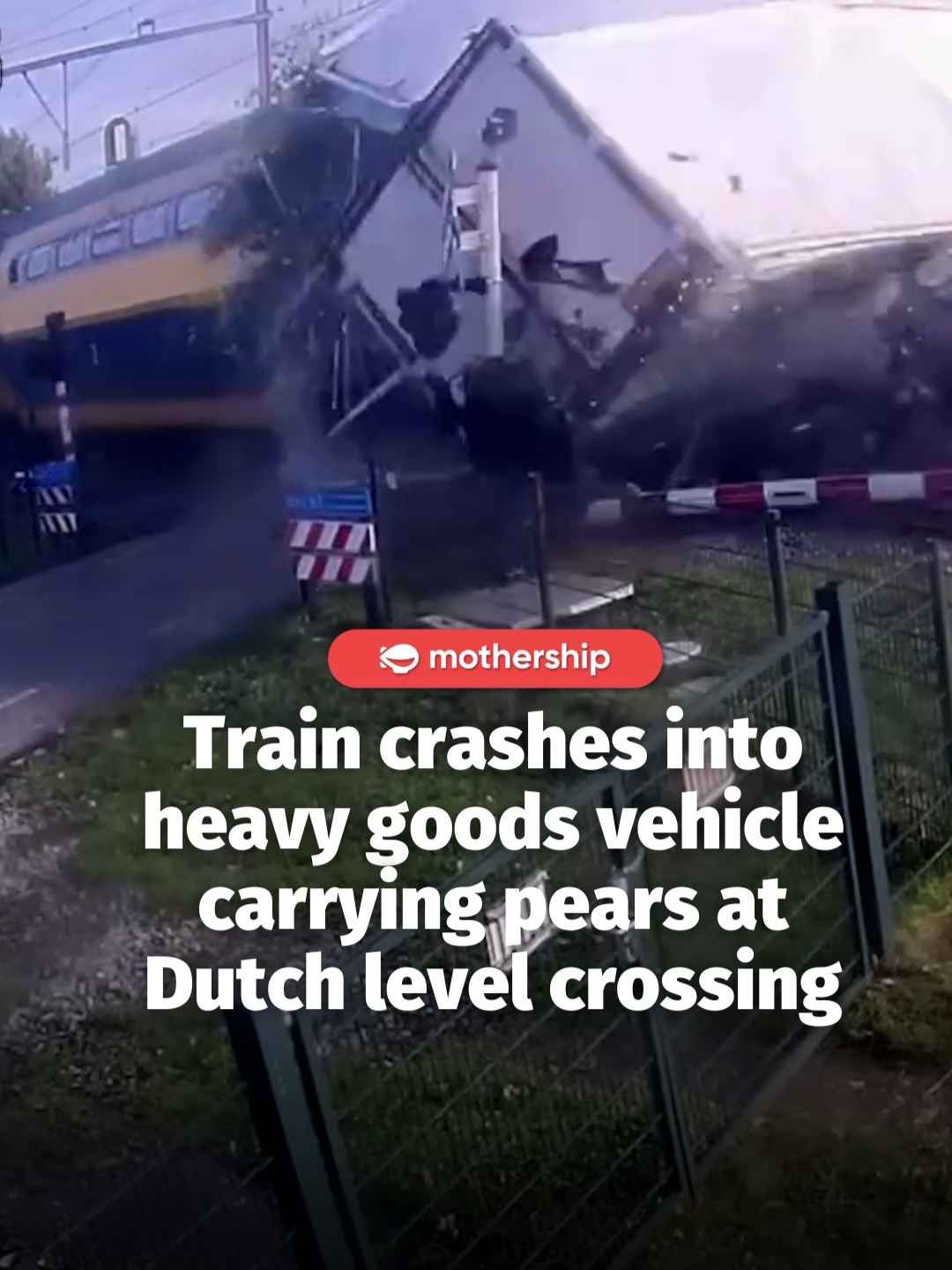 On Oct. 30 in Meteren, the Netherlands, CCTV captured an NS intercity train colliding with the rear of a heavy goods vehicle. The vehicle had become stuck on a guarded level crossing after the driver reversed when a car approached from the opposite direction. As the lights flashed and the barriers lowered, the vehicle couldn’t clear the tracks in time, and the fast-approaching train struck it, scattering the container loaded with pears. Train operator ProRail said 5 people were injured in the crash and about 200 passengers were evacuated to Den Bosch station, Sky News reported. ProRail released the footage as a warning that large vehicles should drive through the barriers if trapped on a crossing. #train #netherlands #truck #fyp