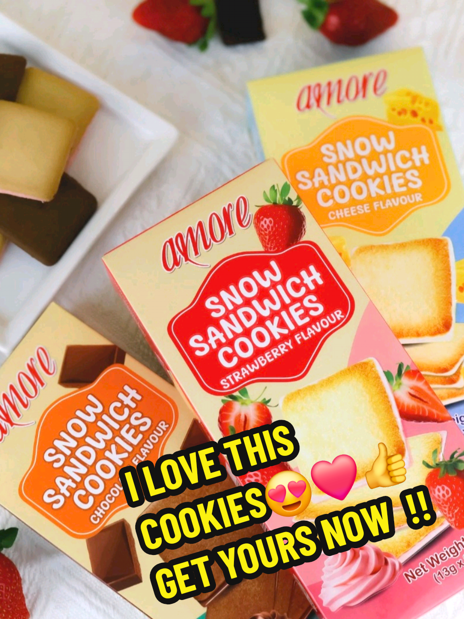 This bundle of 3 flavours comes in each flavour as below: ❤️😍👍. (1) Snow Sandwich Cookies Strawberrv Flavour - Fall in love with the delicate sweetness of Amore Snow Sandwich Cookies - Strawberry Flavour. These light, fluffy cookies are filled with a luscious strawberry cream. (2) Snow Sandwich Cookies Chocolate Flavour - Soft chocolaty, and simply irresistible! Experience indulgence in everv bite with Amore Snow Sandwich Cookies - Chocolate Flavour. These delicate cookies are lavered with a smooth, rich chocolate cream, wrapped between soft, snow-textured cookie lavers for a melt-in-vour-mouth treat that's both comforting and decadent (3) Snow Sandwich Cookies Cheese Flavour - Light as snow, rich in cheesy goodness! Each cookie features a soft, snow-dusted exterior sandwiching a smooth, savoury cheese cream that delivers the perfect balance of sweet and salty. HURRY,  GET YOURS NOW  !!! #cookies #Foodie #sgfoodie  #tiktokshop #tiktokmademebuyit 