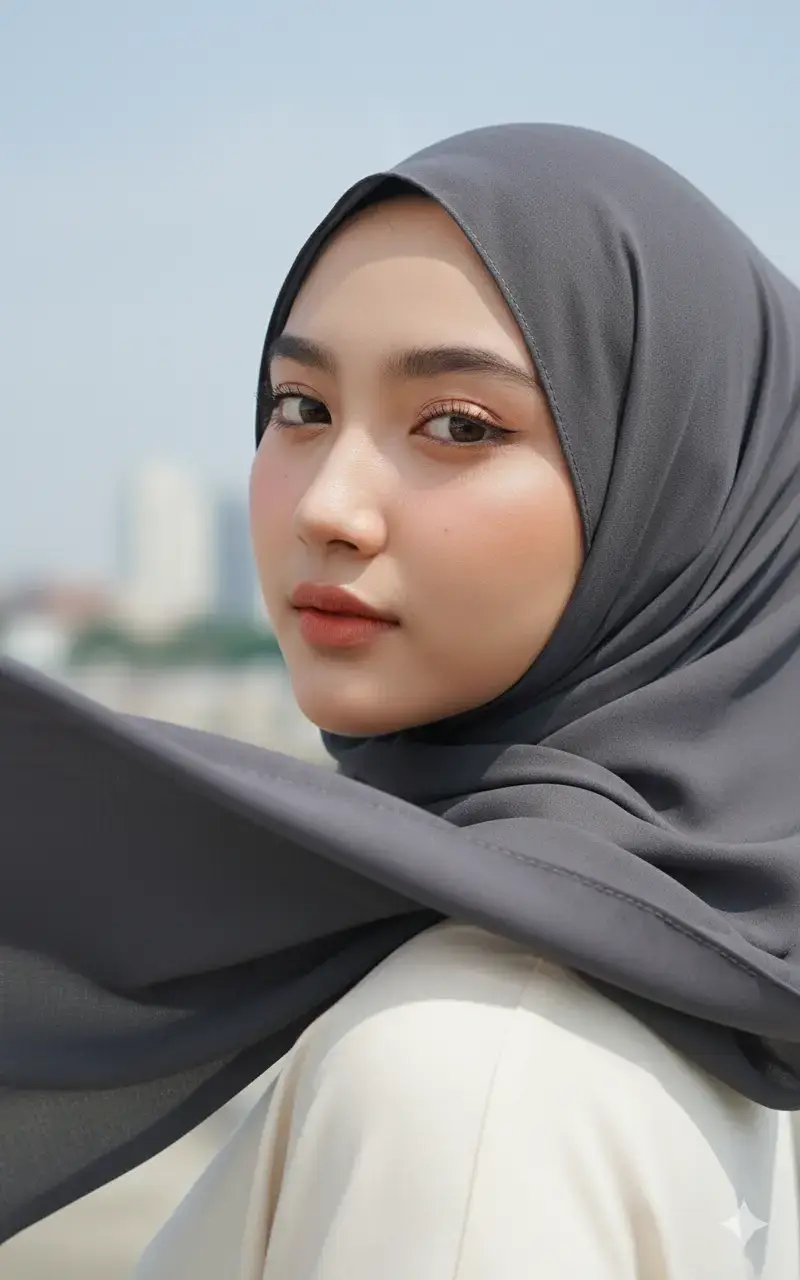 Edit tanpa mengubah wajah asli Potret wanita muda berhijab bergaya hyper-realistic 32K, kulit putih cerah halus, pipi merona lembut, bibir peach natural, mata besar cokelat hangat dengan eyeliner tipis dan bulu mata lentik. Ekspresi lembut dan alami seperti candid, kepala sedikit menoleh sambil melirik ke arah kamera. Tubuh setengah menghadap samping, pencahayaan alami lembut. Hijab warna abu-abu gelap tertiup angin lembut hampir menutup wajahnya menggantikan rambut panjang, menampilkan gerakan alami. Pakaian warna krem muda sederhana, latar luar ruangan samar dengan nuansa perkotaan dan langit cerah, depth of field sinematik, tekstur kulit dan kain sangat detail, ultra-realistic lighting, resolusi 32K. #gemini #geminiai #geminiaiprompt #geminiaitrend #geminiaihijab 