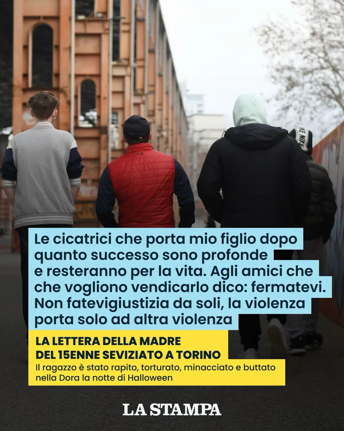 «Questa situazione è estremamente difficile, sia per mio figlio sia per la nostra famiglia. Siamo consapevoli che ci vorrà tempo per un ritorno alla normalità, poiché le cicatrici che porta sono profonde e resteranno per la vita». Inizia così la lettera scritta dalla mamma del 15enne, rapito la notte di Halloween, minacciato e vessato da tre suoi coetanei, ora indagati per violenza privata e sequestro. «Mio figlio - scrive la donna - è il nostro leone: ha subìto l'impensabile, ma con tutto il nostro amore e la nostra pazienza lo aiuteremo ad affrontare questo percorso». Ne parla Caterina Stamin su La Stampa #torino #halloween 