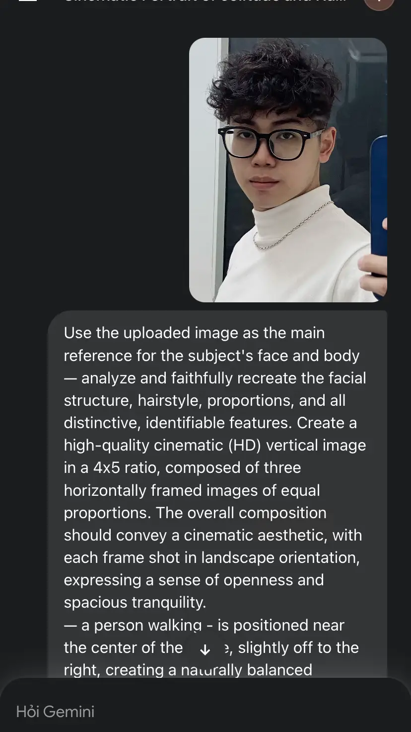 Use the uploaded image as the main reference for the subject's face and body — analyze and faithfully recreate the facial structure, hairstyle, proportions, and all distinctive, identifiable features. Create a high-quality cinematic (HD) vertical image in a 4x5 ratio, composed of three horizontally framed images of equal proportions. The overall composition should convey a cinematic aesthetic, with each frame shot in landscape orientation, expressing a sense of openness and spacious tranquility. — a person walking - is positioned near the center of the frame, slightly off to the right, creating a naturally balanced composition. The lighting is soft and diffused. The main tones are green blended with grey, slightly silvery and pastel, evoking a serene, tranquil atmosphere as if drifting through quiet space. The overall image carries a dreamy, introspective, and poetic mood, inspired by solitude and emotional release. The focus is gentle, with a film grain texture that enhances the nostalgic cinematic tone — peaceful, lonely, and contemplative. Outfit: The subject wears loose-fitting clothing in neutral, gentle tones, maintaining both comfort and refined sense of style with Large white headphones over the ears. Image 1 The subject stands on a gentle grassy hillside, the soft blades swaying slightly in the wind. The background is a vast sky of greenish-blue and grey, gradually darkening upward from the horizon. A single fluffy white cloud drifts right behind the subject, forming a natural visual backdrop that accentuates their presence. The foreground is a sloping hill with vivid green grass, shot at a slight tilt so the incline falls toward the right-hand side. The subject is walking up the hill in a calm, unhurried manner, with the frame cropped just above the feet. Image 2 The subject lies on the grass, head tilted slightly to one side, eyes closed, expressing a quiet immersion in music and the surrounding air. The shot is taken from above (overhead angle), closely framing the subject's face to convey intimacy and realism — as if the person is blending into nature and sound itself. Image 3 Captured with a wide-angle shot, the subject appears in the mid-ground, sitting on a hill or rocky cliff near the seaside, facing the vast ocean ahead. The horizon line sits around the upper third of the frame, dividing the composition into two clear sections: Above: a cloudy, dim sky with cold blue-grey tones and low, diffused light. Below: a calm, dark teal sea merging with pale, yellowed grass in the foreground. The entire frame feels like a scene from a film, where the subject wanders in solitude with nature during a quiet, late afternoon. The color palette follows a cold, muted film tone - natural, low-contrast, and atmospheric - evoking realism and stillness. This final image captures a moment of silence, where a human stands before the vastness of nature — contemplative, solitary, yet peaceful. #fyp #trending #viral 