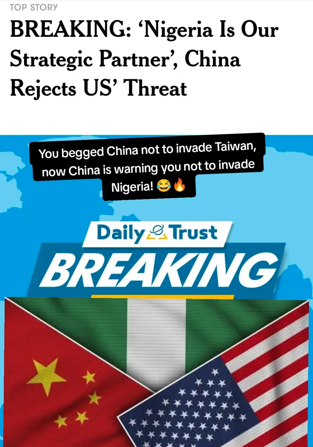 BREAKING: China warns against interference in Nigeria’s affairs after US threat of military action The Chinese government says it firmly supports the President Bola Tinubu administration as it “leads its people on the development path suited to its national conditions”. Addressing a press conference on Tuesday, Mao Ning, spokesperson of China’s foreign ministry, said “as Nigeria’s comprehensive strategic partner, China firmly opposes any country using religion and human rights as an excuse to interfere in other countries’ internal affairs, and threatening other countries with sanctions and force”. Ning was answering a question on US President Donald Trump’s threat of military action in Nigeria over alleged persecution of Christians.