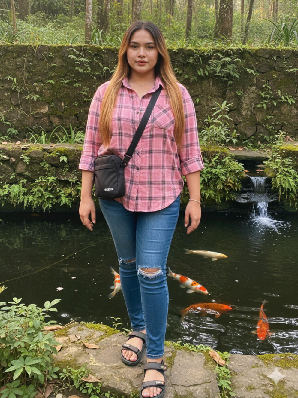 Prompt Ai wanita berdiri di pinggir kolam ikan Buatkan gambar hyper-realistic, wajahnya sama persis dengan foto referensi (100% tanpa perubahan pada wajah, mata, struktur wajah, alis, hidung, bibir dan juga jangan merubah bentuk badan) Seorang wanita berdiri santai di tepi kolam kecil dengan ikan koi di area taman atau hutan, suasana alami dan tenang. Ia mengenakan kemeja kotak-kotak merah muda dengan lengan digulung, celana jeans ketat biru robek di lutut, dan sandal merk eiger outdoor. Tas merk eiger kecil disampirkan di bahu. Rambut panjang dan terurai melewati bahu. Warnanya tampak cokelat terang dengan gradasi keemasan (light brown/blonde highlights). Latar belakang berupa pepohonan hijau, dinding batu, dan air mengalir di kolam. Pencahayaan lembut alami sore hari, nuansa hangat dan santai, gaya kasual sehari-hari, beresolusi sangat tinggi, 8K, fokus tajam, detail tajam. #fashion #fyp #fyppppppppppppppppppppppp #fypシ゚ #fypage 