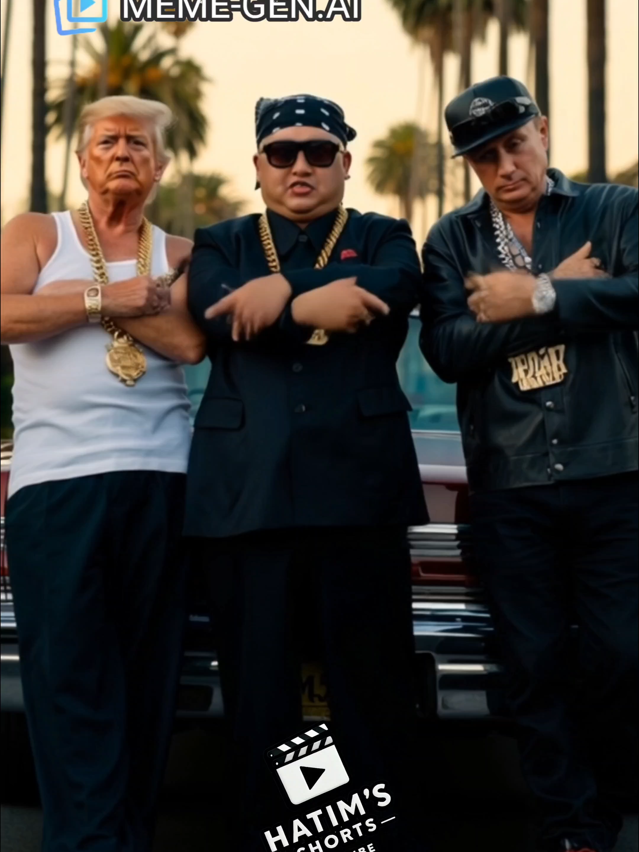 California rap energy. Trump and Putin rocks together with Kim Jong Un😂Palm trees, lowrider, heavy chains. Pure satire — just attitude, nothing serious Create your own funny video at MemeGen AI #Trump #Putin #WestCoast #KimJongUn #ReelsTrending #CaliforniaLove #CinematicReels #MemeGenAI