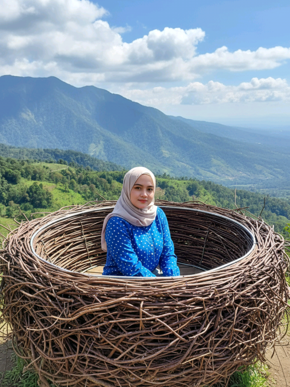 Prompt Ai wanita duduk di sarang burung yang besar Buatkan gambar hyper-realistic, wajahnya sama persis dengan foto referensi (100% tanpa perubahan pada wajah, mata, struktur wajah, alis, hidung, bibir dan juga jangan merubah bentuk badan) Wanita berhijab sedang duduk di dalam sarang burung raksasa yang tergeletak diatas tanah, terbuat dari ranting kayu di tempat wisata alam pegunungan. Ia mengenakan hijab abu-abu muda, blus biru bermotif polkadot putih. Cuaca cerah, langit biru dengan awan putih, pemandangan pegunungan hijau dan lembah di kejauhan. Gaya foto santai, suasana ceria dan alami, pencahayaan siang hari yang lembut, nuansa wisata alam Indonesia, beresolusi sangat tinggi, 8K, fokus tajam, detail tajam. #fypage #fypシ゚ #fyppppppppppppppppppppppp #fyp #hijab 
