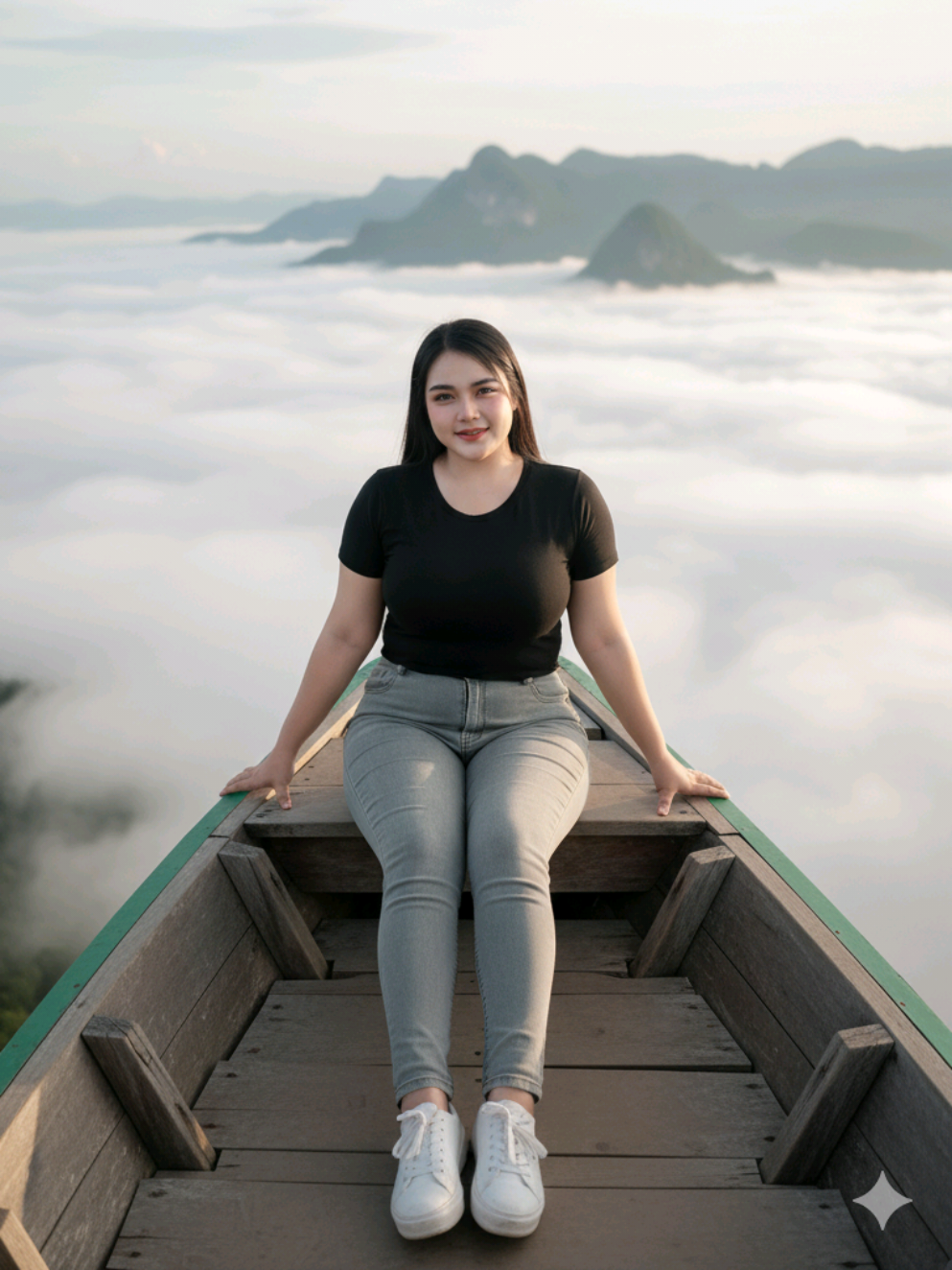 Prompt Ai wanita duduk di perahu tepi tebing dengan latar belakang lautan awan putih Buatkan gambar hyper-realistic, wajahnya sama persis dengan foto referensi (100% tanpa perubahan pada wajah, mata, struktur wajah, alis, hidung, bibir dan juga jangan merubah bentuk badan) Seorang wanita duduk santai di ujung perahu terbuat dari bambu tradisional yang menjorok ke tepi tebing dengan latar belakang lautan awan putih dan pegunungan hijau di kejauhan. Ia mengenakan kaus hitam polos pas di badan, celana jeans panjang ketat abu-abu muda dan sepatu sneakers putih, tersenyum lembut menghadap kamera. Cahaya matahari pagi hangat menyinari suasana, menciptakan nuansa damai dan keindahan alam pegunungan yang tenang. Fokus tajam pada subjek dengan latar belakang lembut dan berawan, suasana natural dan tenang, gaya foto wisata alam, resolusi tinggi. #fyp #fyppppppppppppppppppppppp #fypシ゚ #fypage #fashion 