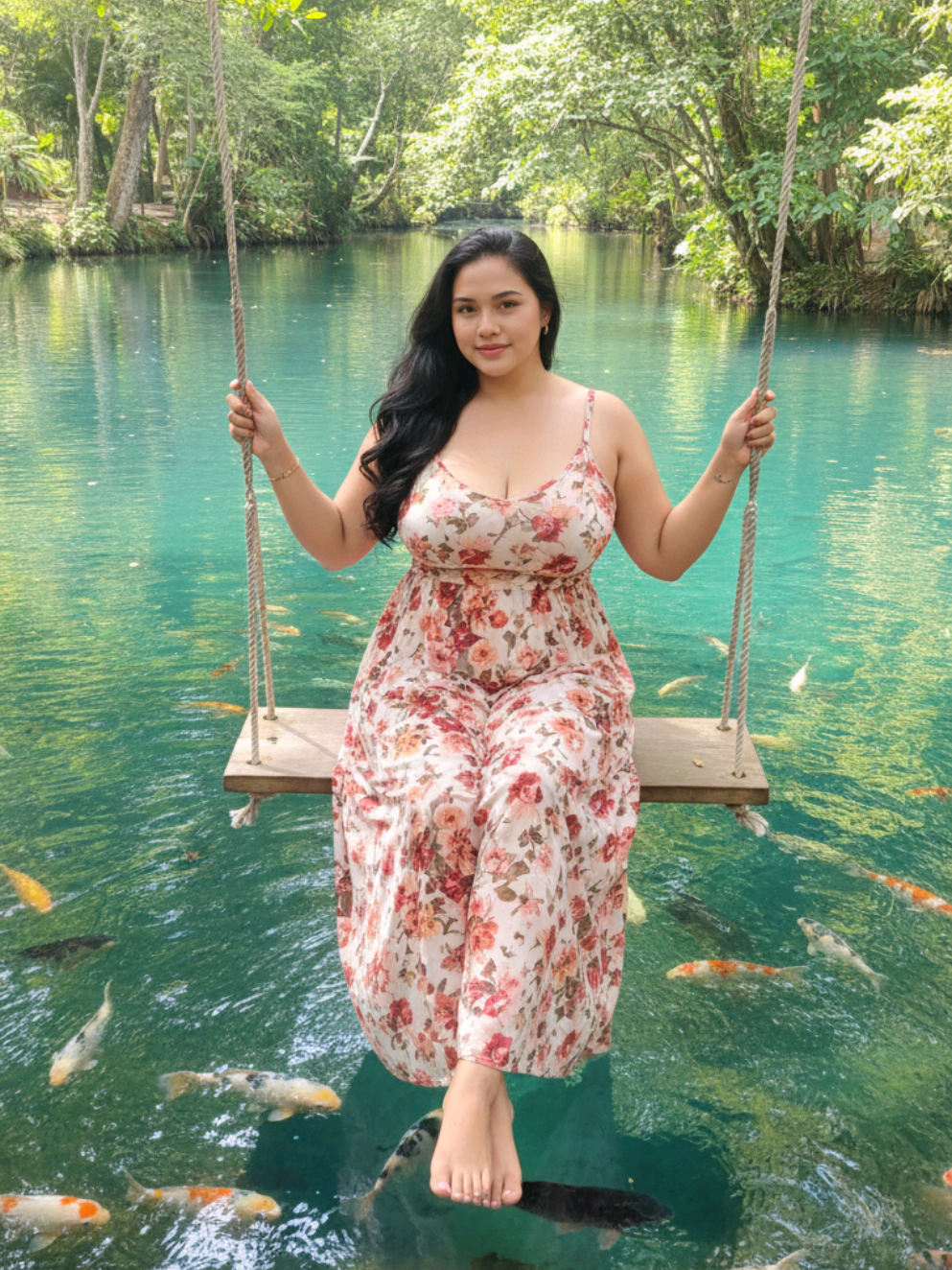 Prompt Ai wanita duduk di ayunan kayu di atas telaga berwarna biru Buatkan gambar hyper-realistic, wajahnya sama persis dengan foto referensi (100% tanpa perubahan pada wajah, mata, struktur wajah, alis, hidung, bibir dan juga jangan merubah bentuk badan) Seorang wanita cantik duduk di ayunan kayu di atas telaga berwarna biru kehijauan yang jernih, penuh ikan koi warna-warni. Ia mengenakan gaun panjang tanpa lengan model tali bermotif bunga dalam nuansa merah muda, putih, dan peach. Tanpa alas kaki. Rambut hitamnya yang panjang dan bergelombang tergerai di bahunya, sementara ia tersenyum lembut menikmati ketenangan alam. Sinar matahari menembus dedaunan hijau di atas, menciptakan cahaya alami yang lembut dan pantulan di air. Suasananya damai dan menenangkan, dengan warna-warna cerah, detail tinggi, dan gaya fotografi yang realistis. #fashion #fypage #fypシ゚ #fyppppppppppppppppppppppp #fyp 