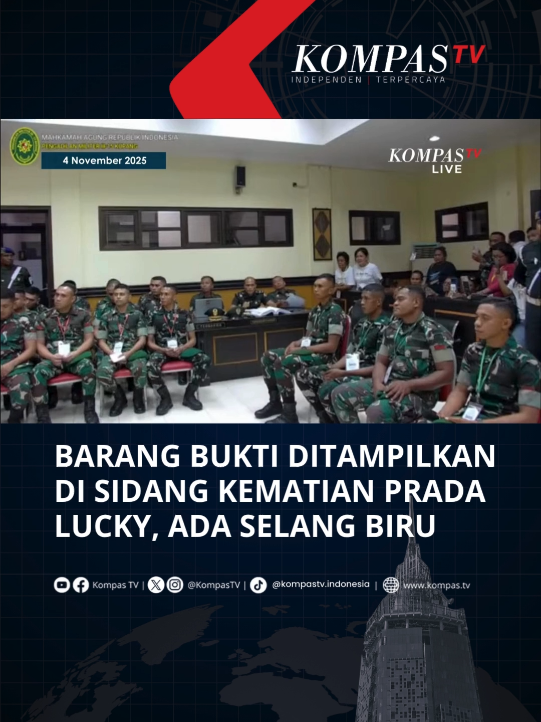 Sidang kasus penganiayaan yang mengakibatkan kematian prajurit Yonif 834/MW, Prajurit Dua (Prada) Lucky kembali digelar di Pengadilan Militer III-15 Kupang, Selasa (4/11/2025). Setelah pemeriksaan saksi, hakim ketua memperlihatkan barang bukti di persidangan. Tuliskan komentarmu dan dapatkan berita terkini lainnya di www.kompas.tv serta youtube.com/kompastv #SOROTKompasTV #TikTokBerita