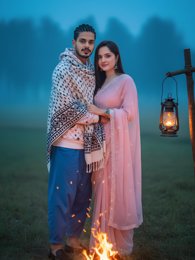 New Trending Ai image With Gemini 🤗 Ultra 8K, Photorealistic, High-Resolution, Atmospheric Dusk Portrait. A young couple standing in a serene, misty rural or open field, with a warm campfire or bonfire burning brightly in front of them. The boy is wearing a patterned, light pink and white geometric design hoodie and baggy blue pants. He has black shoes on his feet and is looking at the camera with a gentle smile. The girl is wearing a light pink saree with white intricate embroidery. Both the boy and the girl are cozily wrapped together inside a single shawl, which is white with black intricate patterns/embroidery তাদের পাশে একটা খুটিতে হাড়িকেন ঝুলায়ে থাকবে. A calm smile is on both their faces. In the background, the blue twilight sky and blurred, misty trees are visible, creating a peaceful, romantic, and slightly mysterious ambiance. The bright flames and flying sparks from the campfire cast a warm orange glow on their faces and clothing, creating a dramatic and comforting illumination. The image features a soft focus and depth of field, beautifully highlighting the couple.keep man Woman face same 100% same is THIS reference image।দুইজনের মুখ পরিষ্কার থাকবে #foryou #gemini #tutorial #bagladesh🇧🇩tiktok #vairalvideo 
