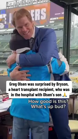 Bryson and Greg Olsen’s son were awaiting heart transplants together at the hospital 8 years ago Bryson, now healthy, took a surprise trip to reunite with his hero 🥹❤️ (Via @levinechildrens, @atriumhealth)  #nfl #nflfootball #football #hearttransplant 