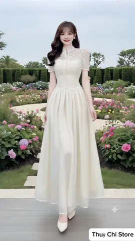 Đầm váy nữ ren hoa thiết kế tay ngắn cổ trụ đính nút ngọc phối tơ dáng dài xoè, phù hợp mặc đi tiệc hay đi chơi. ##vayxinh##thoitrangnu##xuhuong##viral##thinhhanh