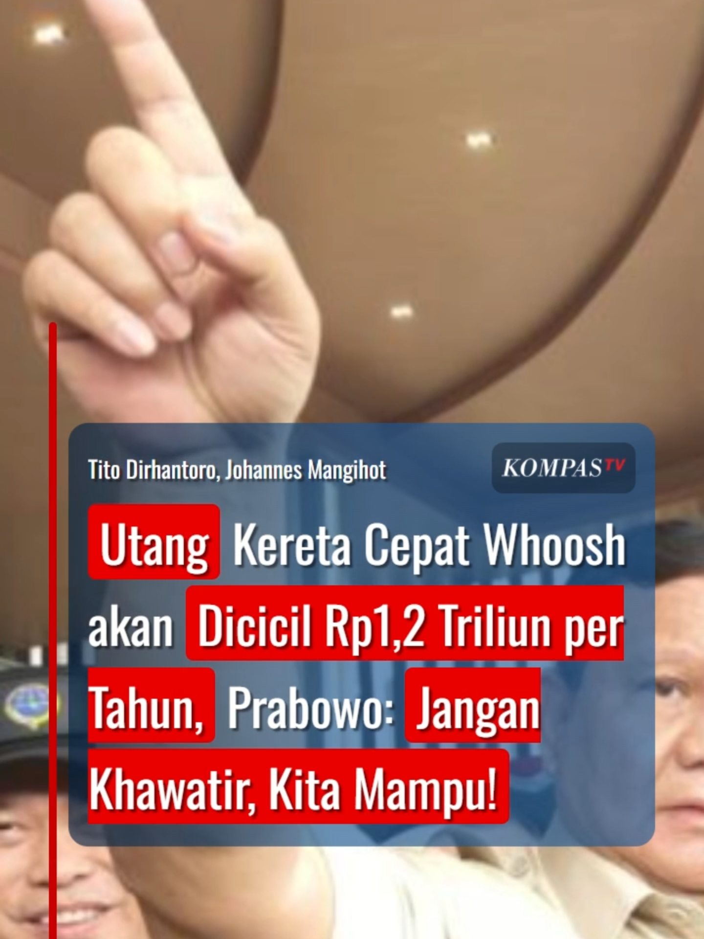 Utang Kereta Cepat Whoosh akan Dicicil Rp1,2 Triliun per Tahun, Prabowo: Jangan Khawatir, Kita Mampu! Presiden Prabowo Subianto mengungkapkan Indonesia akan membayar utang kereta cepat Jakarta-Bandung mencapai Rp 1,2 triliun per tahun yang berasal dari efisiensi anggaran. Adapun utang kereta cepat Whoosh diketahui mencapai Rp116 triliun. Presiden Prabowo menyatakan akan melunasinya dengan cara dicicil, kurang lebih sebesar Rp1,2 triliun per tahun. Prabowo juga menegaskan pemerintah tidak mepersoalkan utang proyek kereta cepat Jakarta-Bandung itu karena mengeepankan manfaat. Salah satunya yakni, bisa mengurangi kemacetan dan polusi, serta mempercepat perjalanan. Sahabat KompasTV juga bisa memperoleh informasi terkini melalui website www.kompas.tv. #prabowo #keretacepat #kcic #kcicjakartabandung #whoosh #presidenprabowosubianto#utangkeretacepat #utang