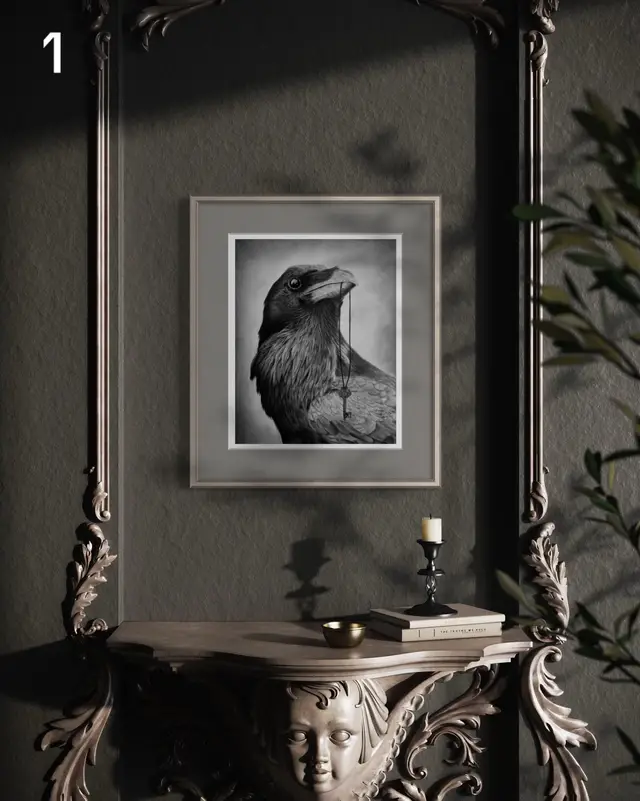 Personally, I love the look of 1, but that asthetic is out of my budget. 😅 - Based off an earlier 2022 artwork I created over 65 hours in charcoal, this is “Harbinger of Secrets” giclee print. 🖤 - Ravens have always symbolized mystery and transformation. For some its a symbol of healing.  - Harbinger of secrets” is the type of piece that can bring a little more depth in a room, but also a ravens true presence.  - Even the mat can shift the energy just a little  If you want a more calm, softer energy, go for a lighter mat. The darker mat can deepen the mood with a little more drama and impact.  - Whether you love Ravens, are a die hard Edgar Allen Poe fan, or just like to have a little mystery, this is the perfect fit. 🐦‍⬛🗝️ - For those who already live with this piece, I love knowing it resonated with you. For those who feel drawn to its energy, this piece was meant to find you. 🖤 - Original has sold.  DM me for a print or click the link in my bio to collect yours.  - #raven #edgarallenpoe #wallartdecor #monochrome #moodyaesthetic 