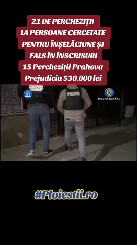 21 DE PERCHEZIȚII LA PERSOANE CERCETATE PENTRU ÎNȘELĂCIUNE ȘI FALS ÎN ÎNSCRISURI 	În cadrul operațiunii JUPITER, sub coordonarea Parchetului de pe lângă Înalta Curte de Casație și Justiție și Inspectoratului General al Poliției Române, polițiștii Serviciului de Investigare a Criminalității Economice Prahova, sub supravegherea procurorului din cadrul Parchetului de pe lângă Judecătoria Vălenii de Munte, au pus în executare, la data de 4 noiembrie a.c., 21 de mandate de percheziție domiciliară, respectiv 15 în județul Prahova, 2 în județul Dâmbovița și 4 în județul Iași, cu sprijinul polițiștilor Inspectoratului de Poliție Județean Iași, la adresele unor persoane, precum și la sediul a două instituții publice și la reprezentantul uneia dintre acestea,  într-o cauză penală în care se efectuează cercetări sub aspectul săvârșirii infracțiunilor de înșelăciune și fals în înscrisuri sub semnătură privată. Din cercetările efectuate, s-a stabilit faptul că, în contextul unor lucrări, ce ar fi fost executate pe raza unei unități administrativ teritoriale, reprezentanții unei societăți comerciale ar fi indus în eroare reprezentanții administrației publice, prezentând ca adevărată o faptă mincinoasă, cauzând un prejudiciu de aproximativ 530.180 de lei.  Ca urmare a perchezițiilor, 17 persoane au fost conduse la sediul unității de poliție pentru audieri. Cercetările sunt continuate sub coordonarea unității de parchet competente pentru stabilirea cu exactitate a tuturor împrejurărilor comiterii faptelor. #Perchezitii #Prejudiciu #Fals #PolițiaRomână #ActiuniSpeciale @@MMC_AGENCY @dj_daniel_official @DADATV @Andi Enache @Ministerul Afacerilor Interne