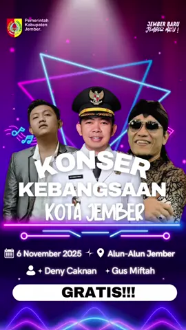 H-1 menuju Konser Kebangsaan Kota Jember 2025! Bersiaplah untuk malam penuh semangat persatuan di Alun-Alun Jember, 6 November 2025! Bareng Denny Caknan yang siap bikin baper dan Gus Miftah yang menyejukkan hati ❤️ Jangan sampai ketinggalan momentnya guyss!!! #pemkabjember #gusfawait #jemberbarujembermaju #jember24jam #jember 