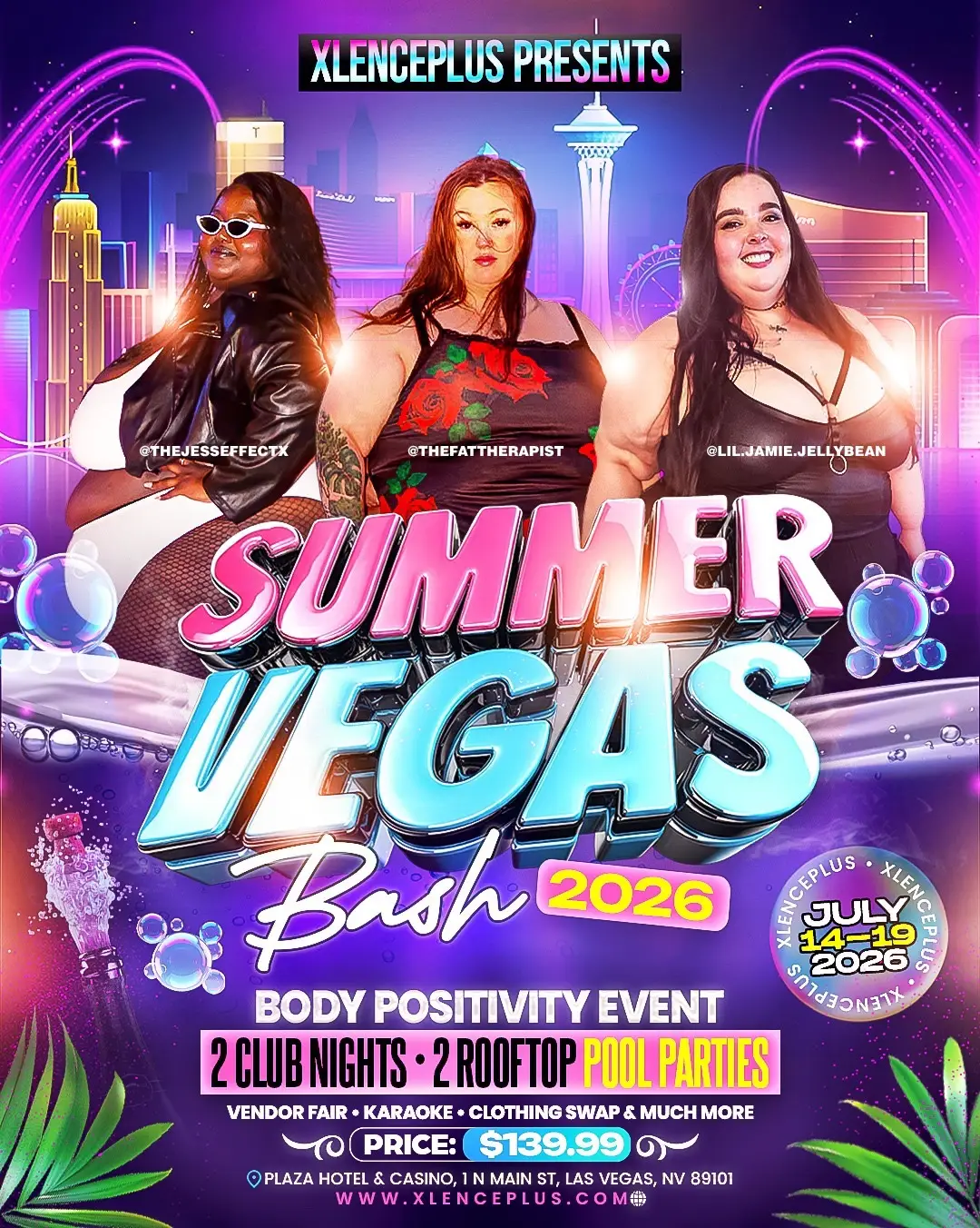 Get ready to turn up the heat, because the 2026 XLencePLUS Vegas Summer Bash is happening from July 14th to 19th!  $129.99 sale going on now! One week only!  Join us for 5 days of unapologetic body celebration in the heart of Las Vegas.., where confidence shines brighter than the Strip lights and every curve is welcome on the dance floor. ✨ This year, we’re taking it all the way up with: 🔥 2 Rooftop Pool Parties — because every body deserves to take up space in the sun. 🎶 2 Club Nights — let’s show Vegas what body liberation looks like under the lights! 👗 Plus Size Clothing Swap — find new looks that slay. 🛍 Body Positive Vendor Fair — shop, connect, and support brands that celebrate YOU. 📸 Epic Photo Ops — because confidence is your best outfit. 🎤 Karaoke Night — sing it loud, sing it proud! …and so much more! ✨ This is more than a bash…it’s a movement, a celebration, a reminder that joy has no size limit. ✨ 🎟 Tickets on sale now for $129.99. Hurry the price goes up 11/12/25!  https://www.xlenceplus.com/product/vegas-summer-bash-2026/ Don’t wait! Vegas is calling, and you belong center stage. IG Models:  @thejesseffectx @thefattherapist  @lil.jamie.jellybean  #plussize #bodypositivity #travelingwhileplussize #fatpositive #vegas 
