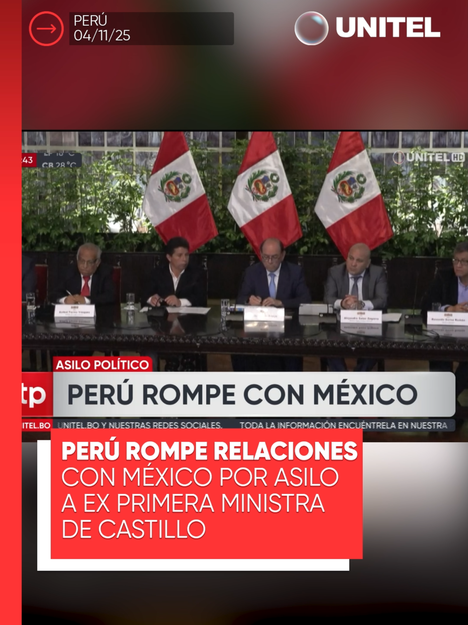 Perú rompió este lunes relaciones diplomáticas con México tras el asilo otorgado a la ex jefa de gabinete, Betssy Chávez, procesada por el fallido golpe de Estado de diciembre de 2022 del expresidente Pedro Castillo, informó la cancillería. #Unitel #Mundo #Perú #México