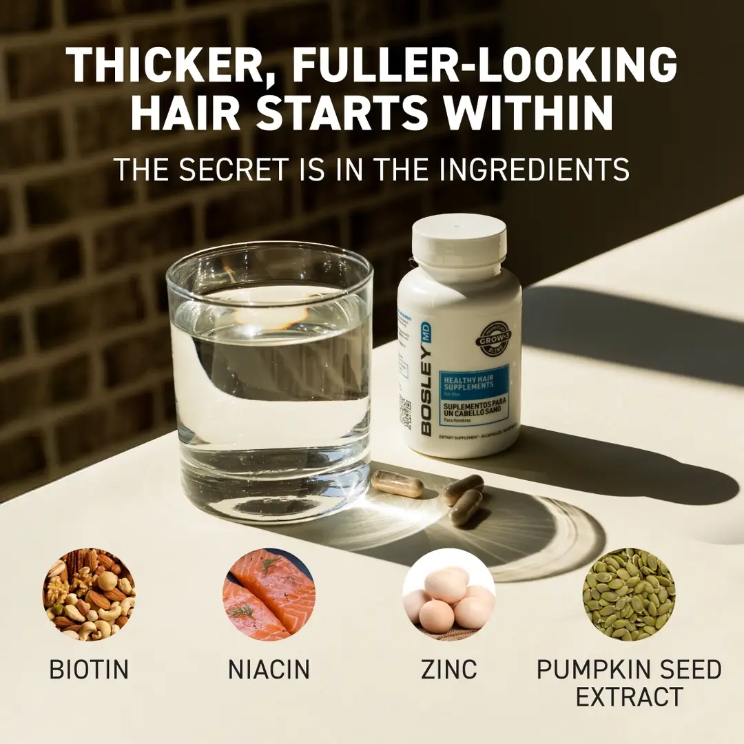 Shhh… the secret to thicker hair for men is out 🤫 Bosley’s healthy hair growth capsules for men has a unique blend of biotin, niacin, zinc, and pumpkin seed extract that fuels healthier, fuller strands.
