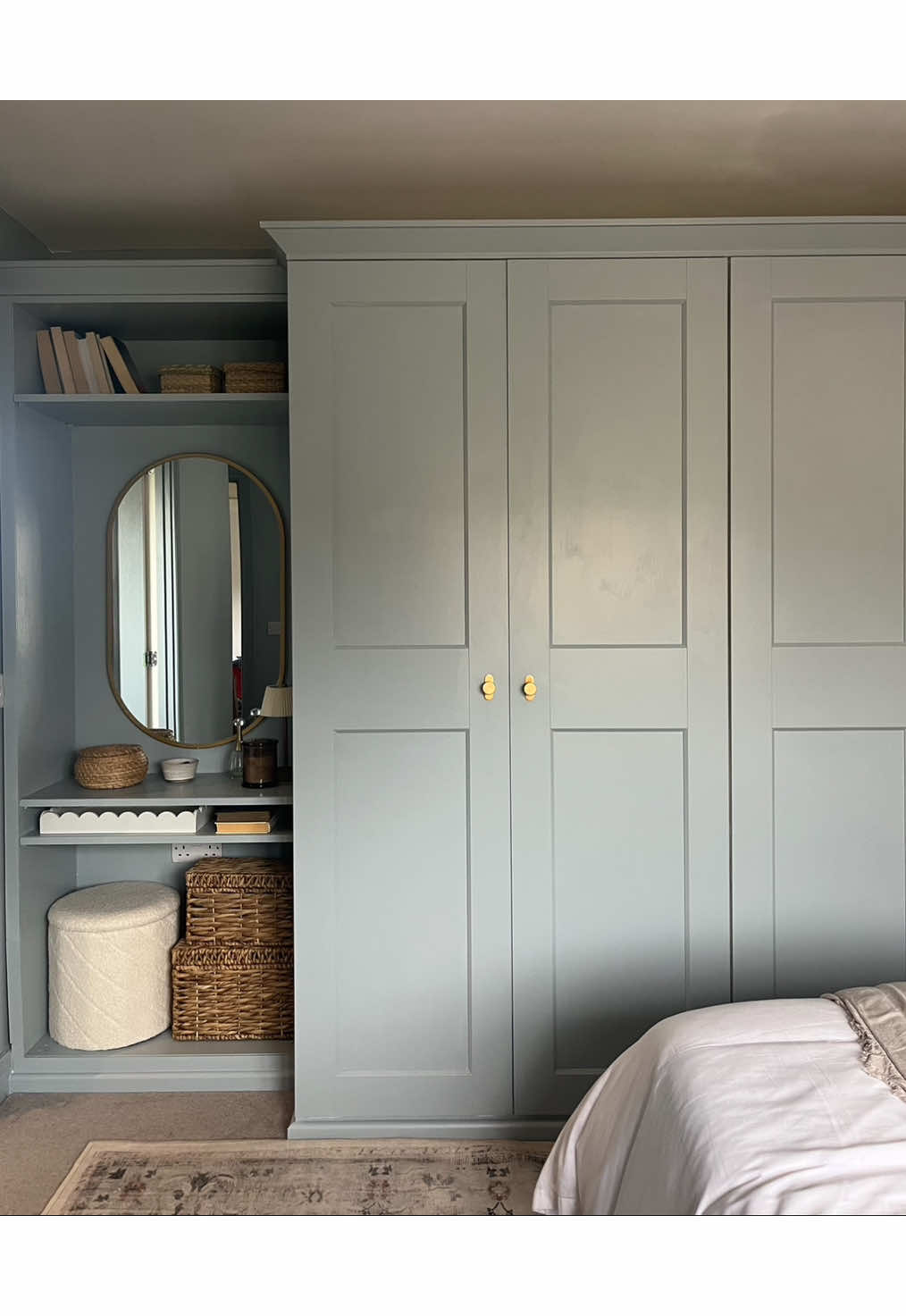 Ad. Another IKEA hack done- and this is one of my favourite tips... Taking a PAX wardrobe from boring to beautiful is all in the details. For this piece, I simply added the Kilburn Furniture knobs in antique brass from @Corston Architectural Detail and these details truly elevated this PAX wardrobe. Corston pieces always offer high quality and craftsmanship. Seems such a small addition, but details make a world of difference.  I designed this Ikea hack to look somewhere between a built in wardrobe and a bespoke piece of freestanding furniture. I love how the antique brass pairs with the grey-blue of the wardrobes, giving the wardrobe a bespoke look. Great news- Corston Architectural pieces are now available in the United States! Stay tuned for more details on how I completed this IKEA hack too- I'm obsessed with it! #ikeahack #cabinethardware #storagesolutions #bedroomideas #wardrobes 