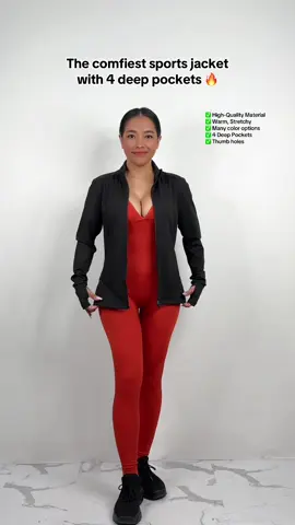 The comfiest sports jacket with 4 deep pockets! Super stretchy, breathable and high-quality!  #sportsjacket #gymoutfit #gymjacket #yogaoutfit #workoutoutfit 