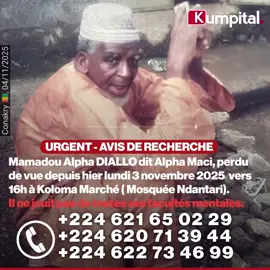 🔴 Avis de recherche La famille de Mamadou Alpha, connu sous le nom de Mamadou  Maci, résidant dans la commune de Ratoma, quartier Koloma marché, près de la mosquée Ndantari, est sans nouvelles de lui depuis le lundi 3 novembre 2025 vers 16h. Toute personne ayant des informations à son sujet est priée de contacter les numéros suivants : 📞 621 65 02 29 – 620 71 39 44 – 622 73 46 99 🙏 Prions pour qu’il soit vite retrouvé. Merci pour votre aide.