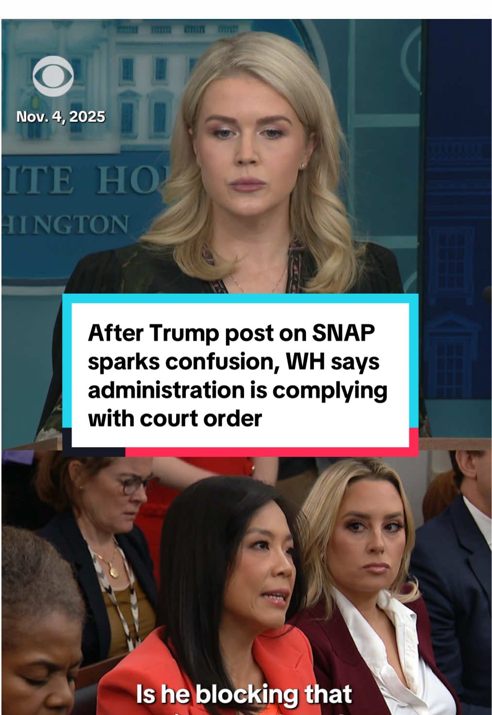 The White House clarified Tuesday that the Trump administration is complying with a federal court order that requires it to tap into a contingency fund to provide food benefits to tens of millions of Americans. The clarification came after President Trump wrote in a Truth Social post on Tuesday that the aid from the SNAP program will go out only when Democrats vote to end the ongoing government shutdown, sparking confusion. Asked about Mr. Trump's comments by CBS News’ Weijia Jiang, White House press secretary Karoline Leavitt said the administration is 