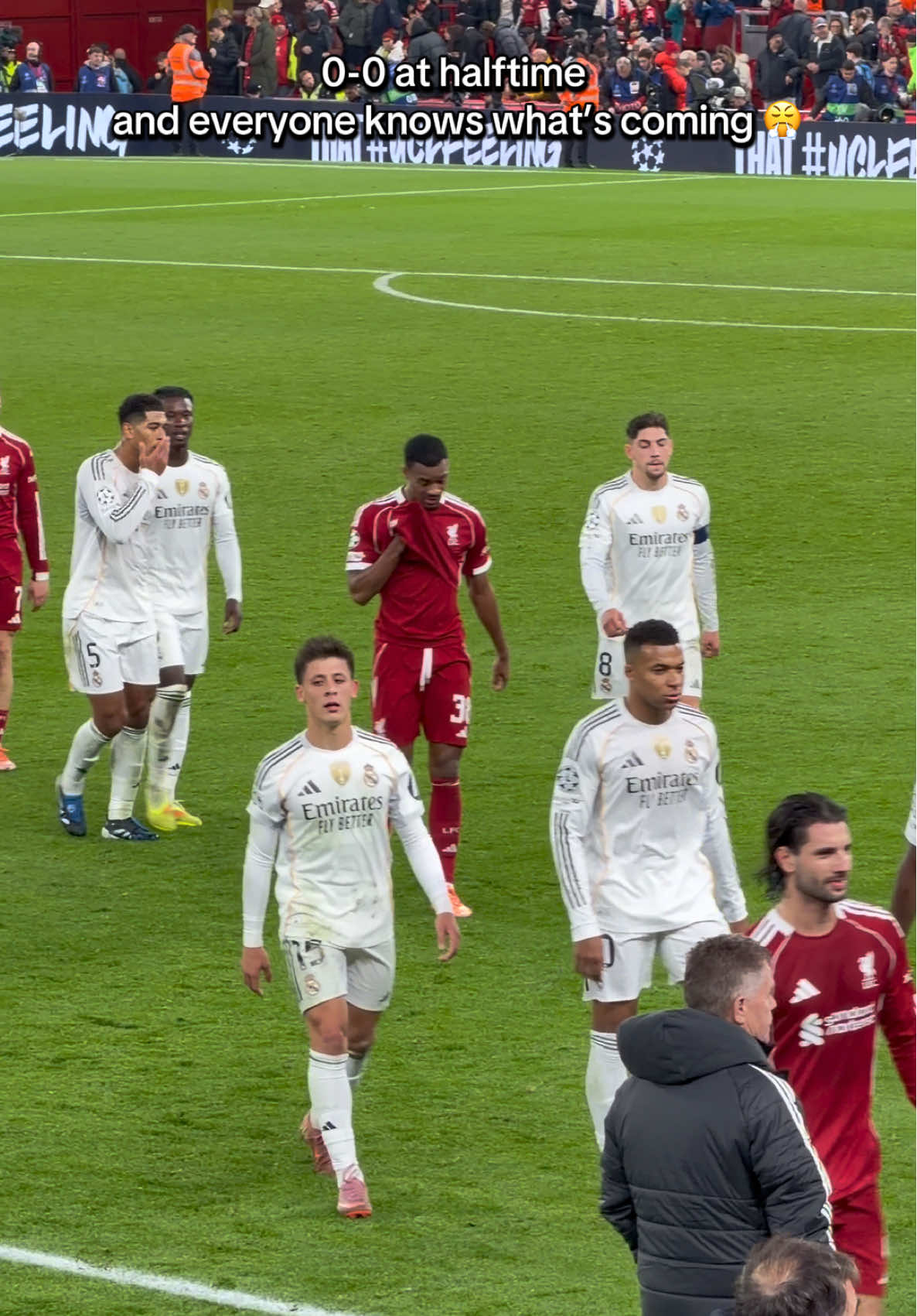 Champions League nights. Liverpool vs Real Madrid. No goals yet, but the tension says it all. Second half loading… ⚽️🔥 #UCL #Liverpool #RealMadrid #FootballVibes #Halftime